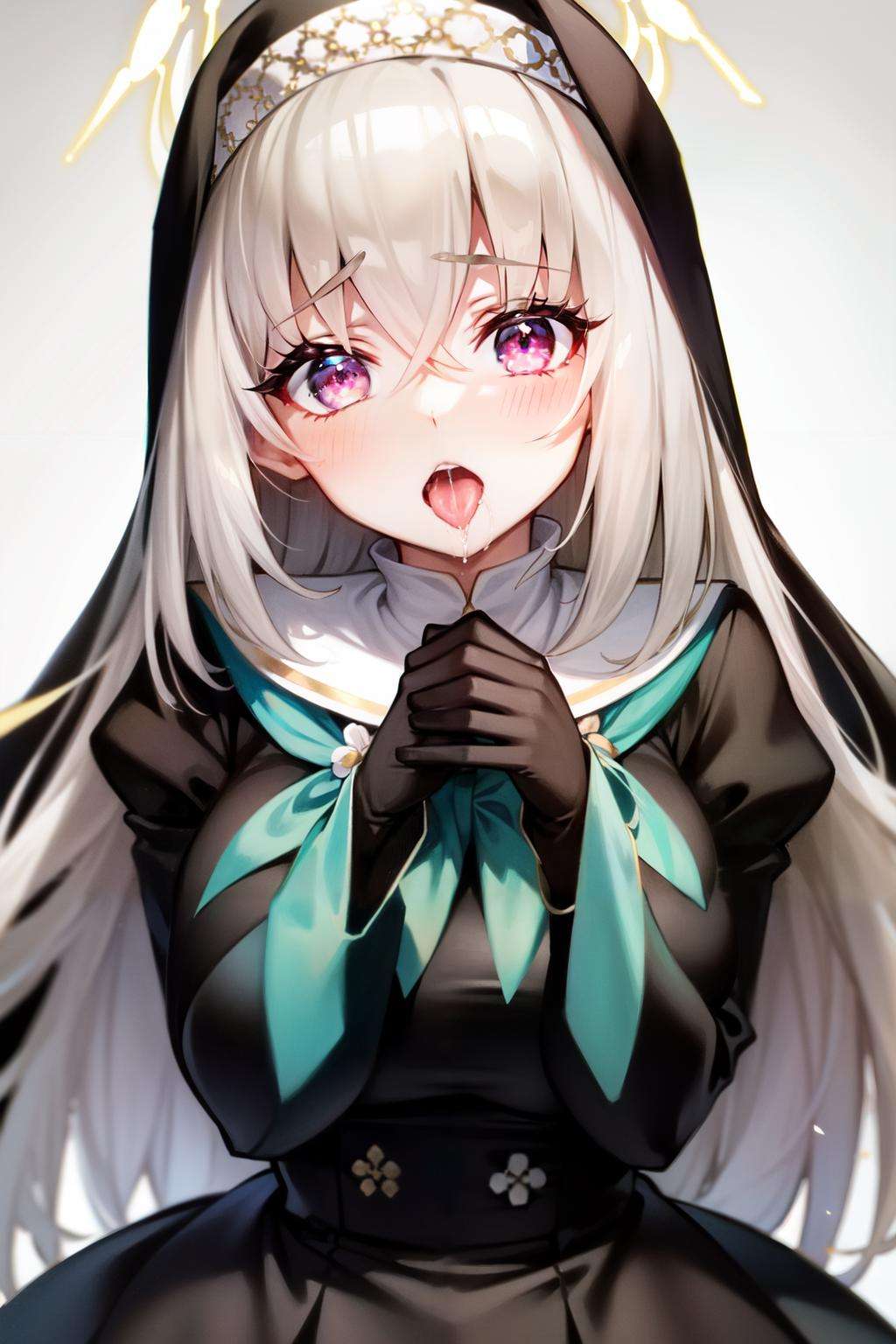 sakurako(blue archive), black dress, gloves, looking at viewer, habit, long sleeves, breasts, grey hair, halo, tongue, purple eyes, nun, bangs, black gloves, upper body, oral invitation, 1girl, open mouth, simple background, own hands together, large breasts, long hair, tongue out, own hands clasped, white hair, saliva, blush, dress, solo, hair between eyes <lora:sakurako:1>, 