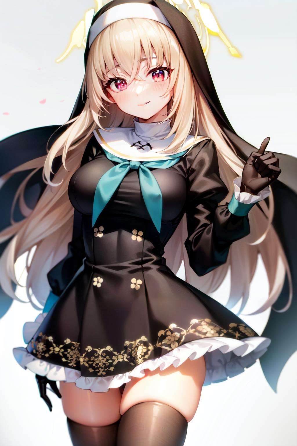 sakurako(blue archive), black dress, gloves, looking at viewer, habit, frills, long sleeves, closed mouth, breasts, nun, bangs, black gloves, 1girl, simple background, frilled dress, large breasts, black thighhighs, smile, long hair, white background, neckerchief, blush, dress, solo, hair between eyes, thighhighs, red eyes, cowboy shot <lora:sakurako:1>, 