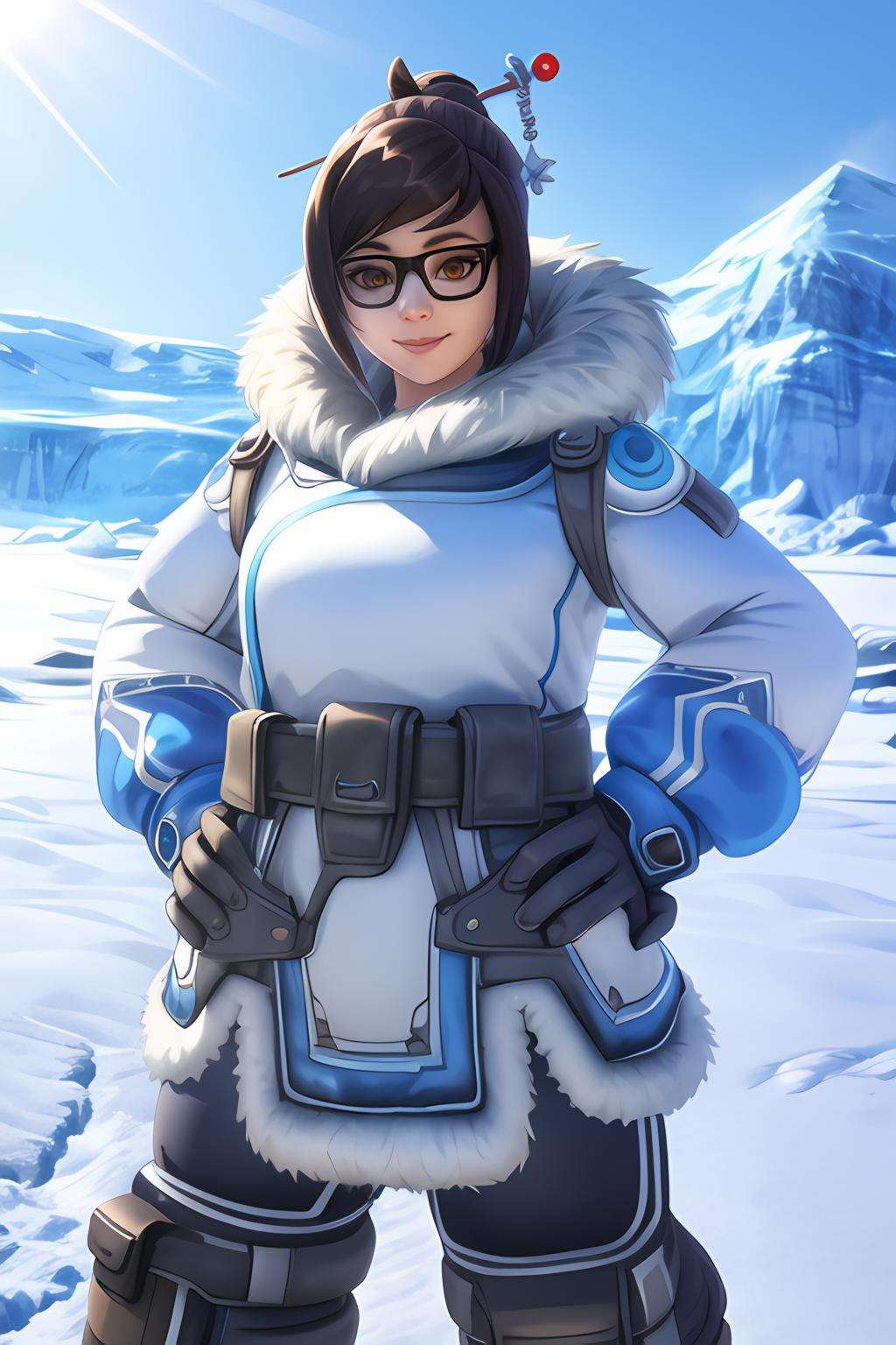 mei, confident pose, hands on hips, fur-trimmed coat, looking at the horizon, glasses, fur footwear, brown eyes, hair bun, hair stick, friendly face expression, gentle smile, antarctic background, sunlight, <lora:meiV2:0.8>, best quality