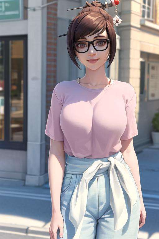 portrait, waist up, casual clothes,mei, short hair, hair stick, glasses, gentle smile, city street, sunlight, looking at viewer, <lora:meiV2:0.7>, best quality