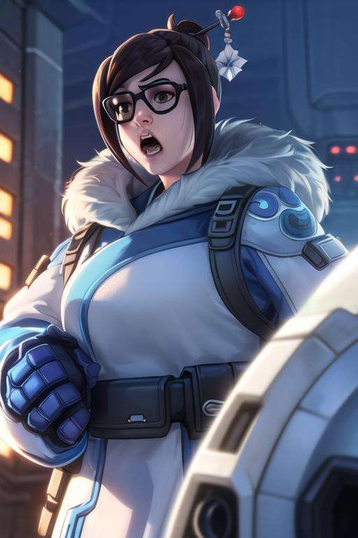 mei, confident pose, reaching, fur-trimmed coat, looking at the horizon, glasses, hair bun, hair stick, distressed face expression, scream, futuristic city, dim light, <lora:meiV2:0.8>, best quality