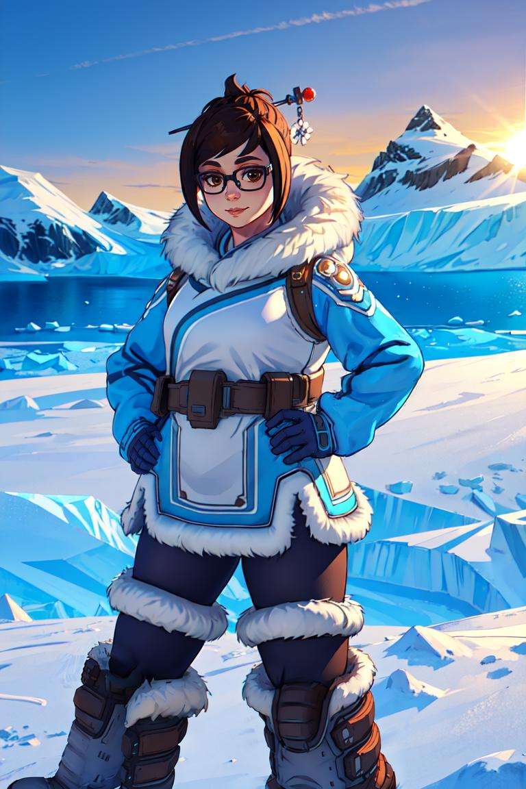mei, thick, plump, confident pose, hands on hips, fur-trimmed coat, looking at the horizon, glasses, fur footwear, dark legwear, winter clothes, brown eyes, hair bun, hair stick, friendly face expression, gentle smile, antarctic background, sunlight, best quality, <lora:meiV2:0.7>