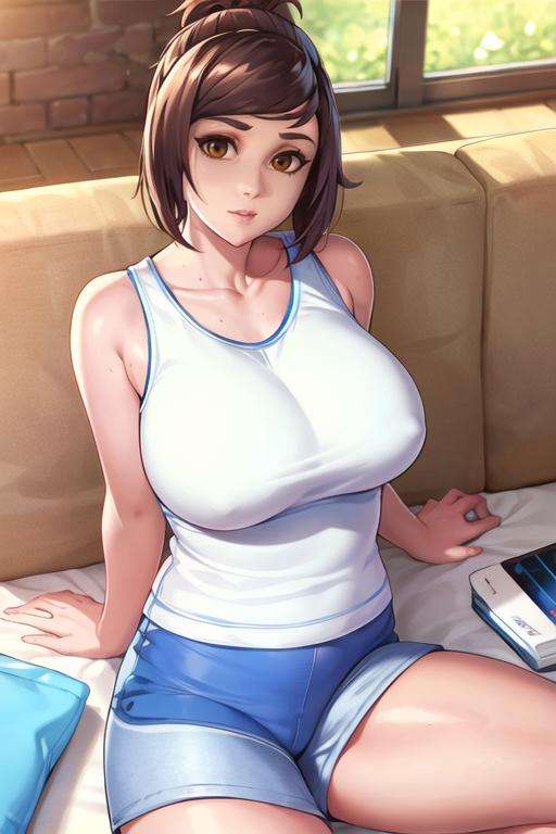 mei, brown eyes, casual, plump, swept tank top, blue shorts, sunlight, living room, <lora:meiV2:0.8>, best quality