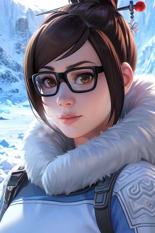 portrait, waist up, mei, brown eyes, glasses, fur coat, hair bun, hair stick, friendly face expression, looking at viewer, antarctic background, sunlight, <lora:meiV2:0.8>, best quality