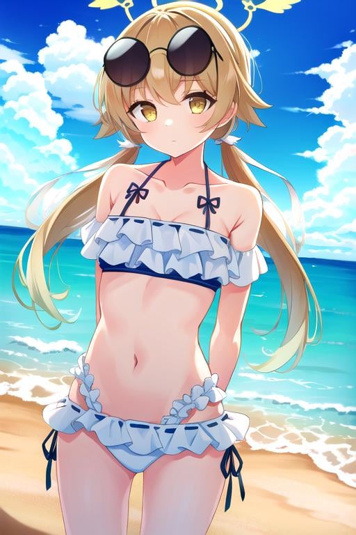 Hifumi(Swimsuit), sky, beach, swimsuit, looking at viewer, frilled bikini, day, bikini, cloud, outdoors, blue sky, twintails, long hair, eyewear on head, collarbone, solo, cowboy shot, frills, arms behind back, low twintails, ocean, sunglasses, white bikini, navel, yellow eyes, 1girl, halo<lora:hifumi-10:0.8>