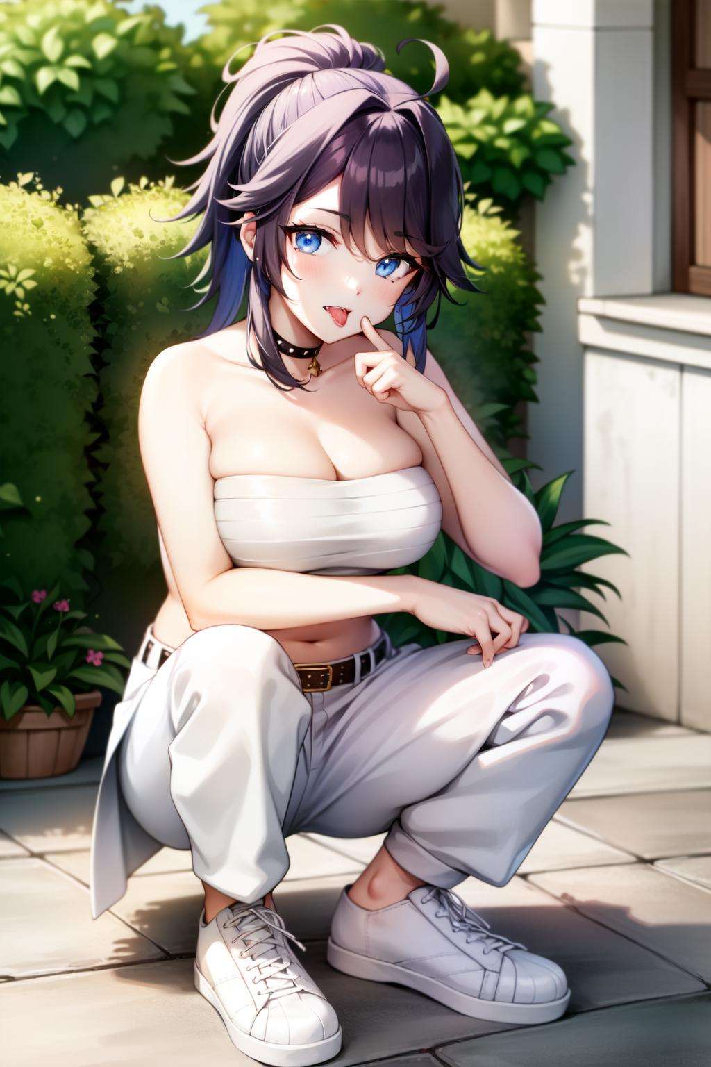 <lora:kson-06:0.7>kson(vshojo), belt, white footwear, black hair, large breasts, mole under eye, tube top, white pants, chest sarashi, ahoge, tongue out, cleavage, blue eyes, pants, solo, black choker, tongue, sarashi, shoes, open mouth, mole, squatting, full body, 1girl, bare shoulders, looking at viewer, piercing, tongue piercing, purple hair, ponytail, choker