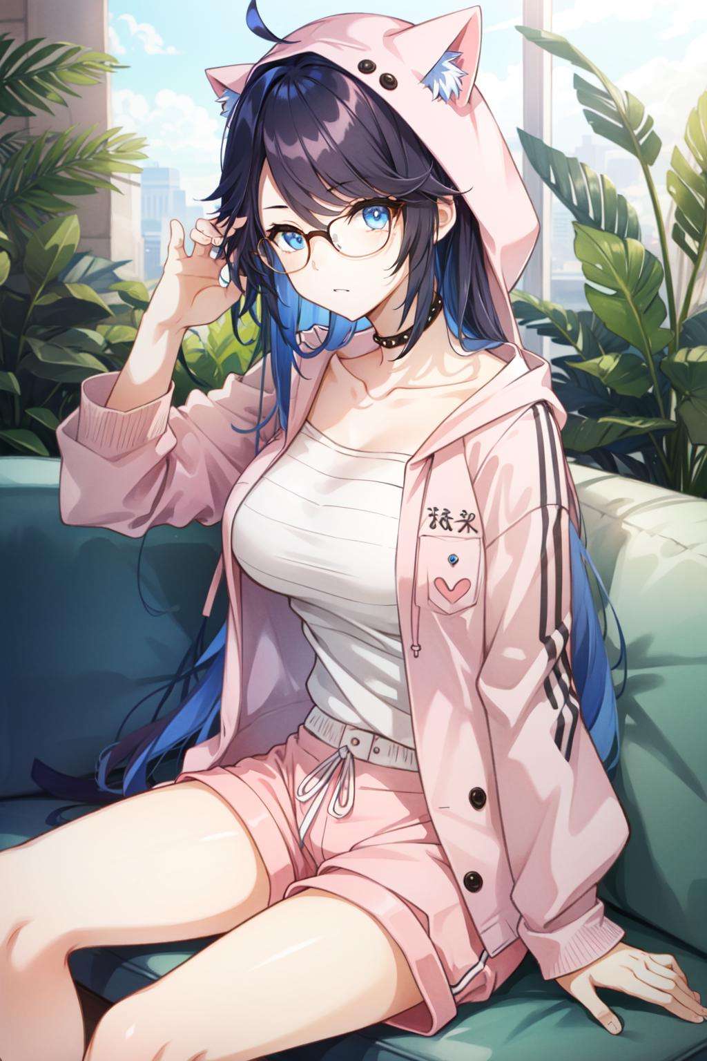 kson(vshojo), sitting, blue hair, collarbone, solo, striped, hoodie,hood down, long hair, pink shorts, ahoge, 1girl, looking at viewer, shorts, blue eyes, large breasts ,glasses, <lora:kson-06:0.7>, 