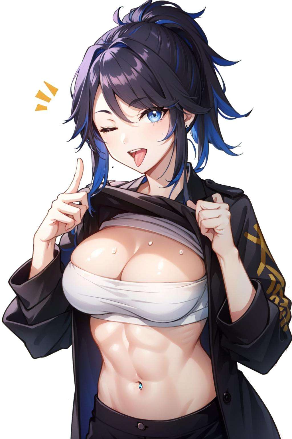 kson(vshojo), navel, middle finger, black hair, large breasts, tongue out, simple background, cleavage, streaked hair, blue eyes, shirt, pants, solo, white background, one eye closed, white shirt, shirt lift, tongue, sports bra, clothes lift, sweat, abs, 1girl, tongue piercing, looking at viewer, piercing, purple hair, blue hair, ponytail <lora:kson-06:0.7>, 