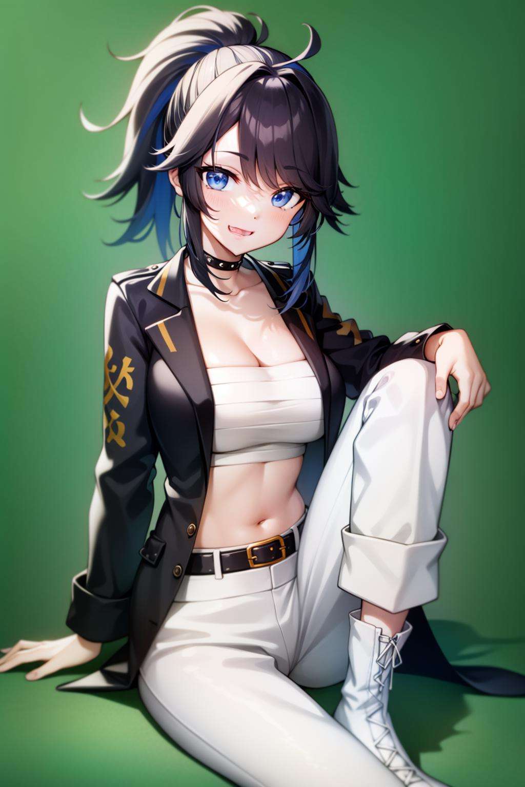 kson(vshojo), sitting, belt, white footwear, black hair, black jacket, grin, large breasts, smile, coat, white pants, chest sarashi, simple background, cleavage, blue eyes, open clothes, pants, solo, black choker, boots, sarashi, midriff, green background, full body, jacket, 1girl, looking at viewer, blue hair, ponytail, choker<lora:kson-06:0.7>, 