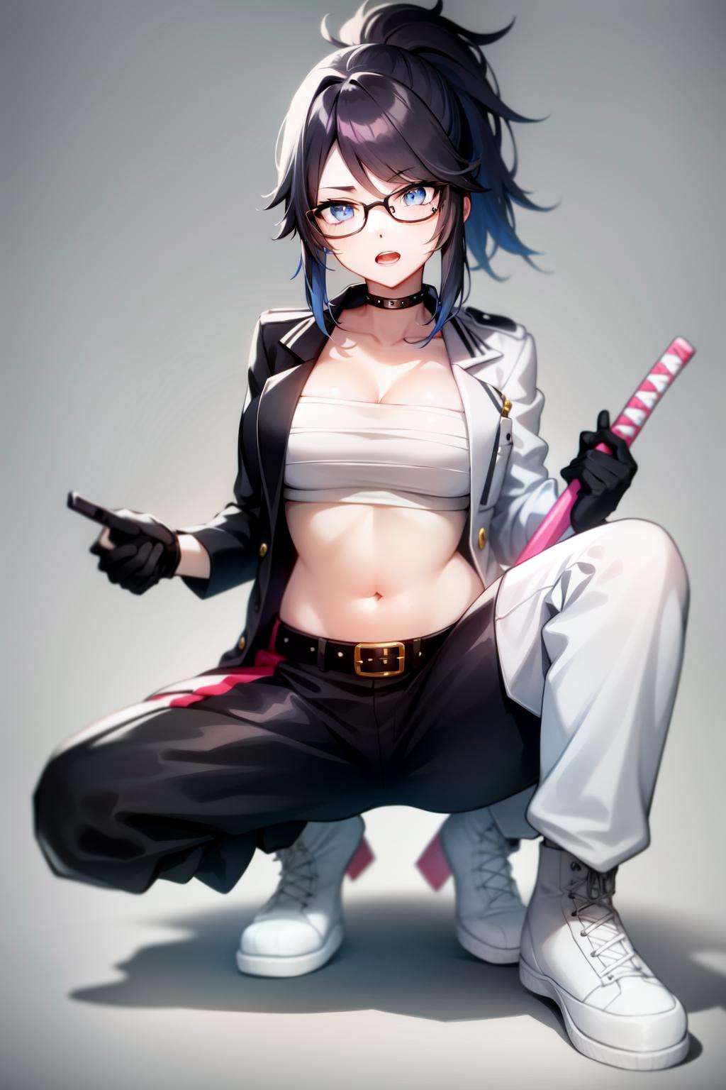 <lora:kson-06:0.7>kson(vshojo), navel, belt, holding, multicolored clothes, white footwear, black hair, glasses, large breasts, mole under eye, holding sword, coat, white pants, wooden sword, chest sarashi, black gloves, simple background, bokken, blue eyes, open clothes, black-framed eyewear, puffy pants, pants, solo, white background, boots, sarashi, gloves, open mouth, sword, mole, weapon, full body, 1girl, looking at viewer, holding weapon, blue hair, ponytail, choker