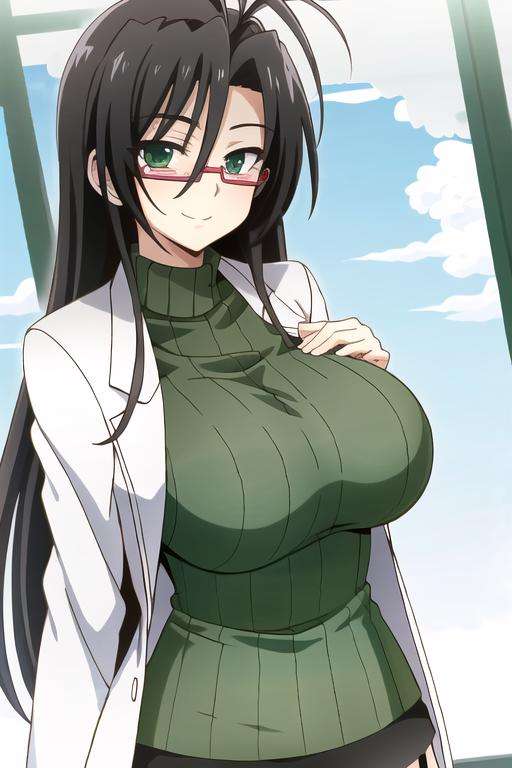 masterpiece, best quality,Hasegawa chisato, 1girl, solo, breasts, long hair, glasses, large breasts, green eyes, antenna hair, green ribbed sweater,  labcoat, black hair, garter straps, impossible clothes, looking at viewer, skirt,  semi-rimless eyewear, black thighhighs,  hair between eyes,  long sleeves, thighs, upper body , smile , happy  <lora:hasegawa chisato:0.7>