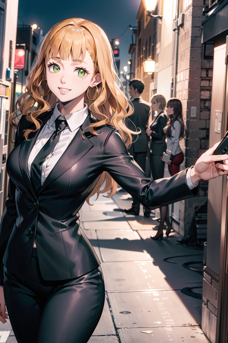 (selfie),1girl,beautiful mimosa_vermillion,long hair, bangs, green eyes, orange hair, hoop Earrings, office lady, black suit, business clothes, black necktie, smile, outdoors, city, (volumetric lighting), best quality, masterpiece, intricate details, tonemapping, sharp focus, hyper detailed, trending on Artstation,