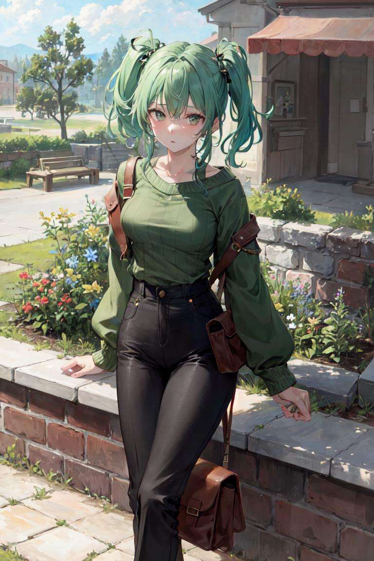 masterpiece, best quality, absurdres, perfect antomy, 1girl, green hair, sweater, high-waist pants, outdoors