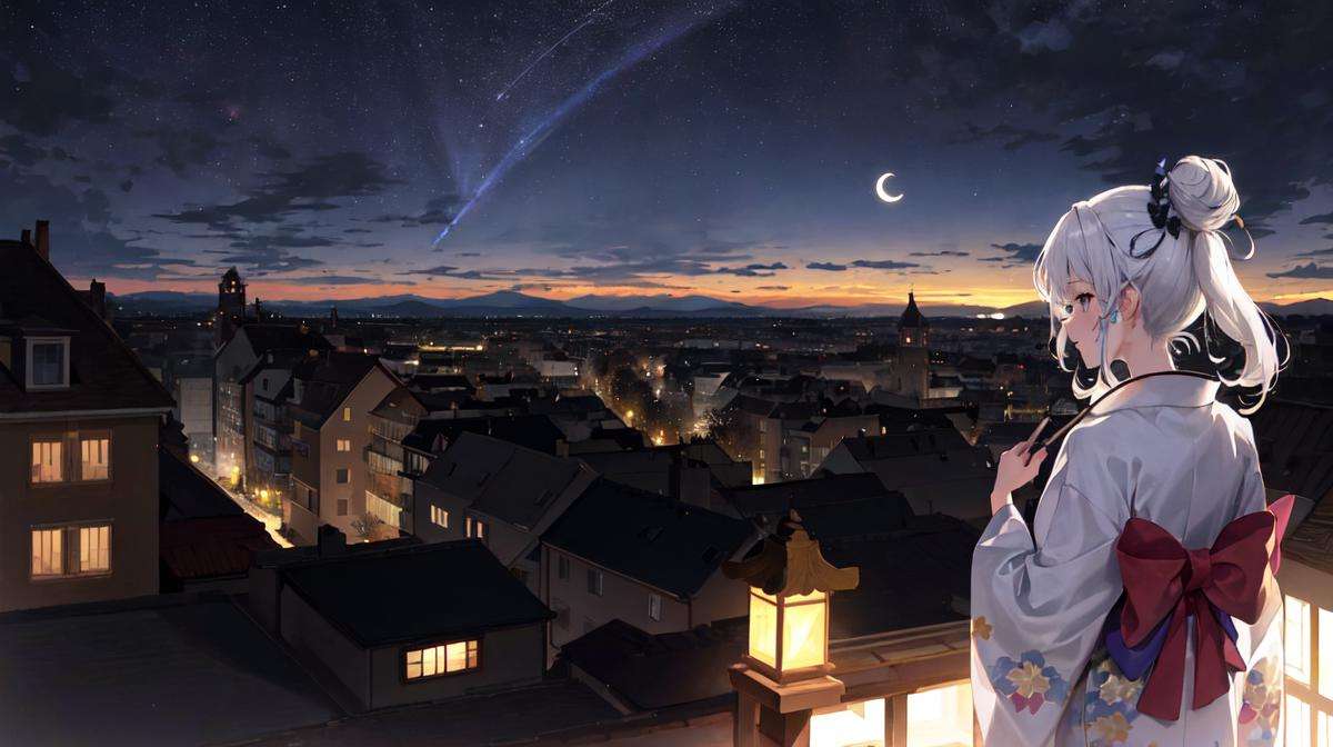 masterpiece, best quality, absurdres, aurora, building, cloud, cloudy sky, constellation, crescent moon, galaxy, gradient sky, hill, horizon, house, light particles, milky way, night, night sky, facing away, from behind, wide shot, 1girl, solo, white hair, kimono, top knot