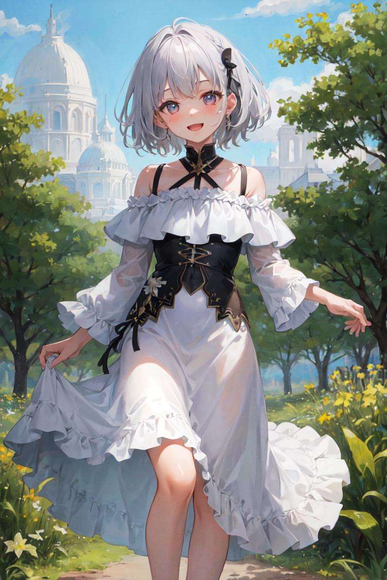 masterpiece, best quality, absurdres, perfect antomy, 1girl, silver hair, short hair, off-shoulder dress, plains, outdoors, tree, smile, blush, :d