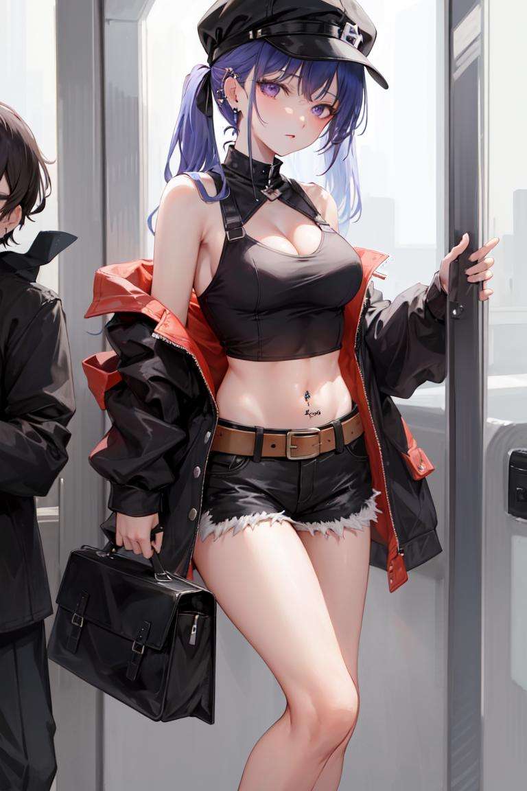 masterpiece, best quality, absurdres, perfect antomy, 1girl, solo, bag, bangs, bare arms, bare shoulders, black belt, black baseball cap, black shirt, cleavage, crop top, ear piercings, jewelry, medium breasts, looking at viewer, navel, purple eyes, shorts, train interior, leaning, piercing, standing