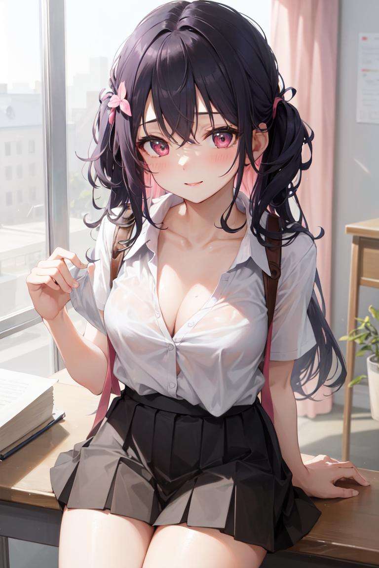 masterpiece, best quality, absurdres, perfect antomy, 1girl, bangs, colored inner hair, black hair, pink hair, bra, bra visible through clothes, bralines, breasts, pink eyes, classroom, cleavage, collarbone, desk, from above, medium breasts, long hair, on desk, pleated skirt, school desk, school uniform, see-through, shirt, sitting, sitting on desk, skirt, solo, thighs, blush, smile