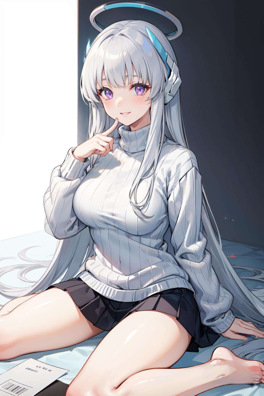 <lora:noa-08:0.8>noa(blue archive), simple background, long sleeves, ribbed sweater, purple eyes, long hair, sitting, 1girl, index finger raised, white sweater, halo, looking at viewer, grey hair, thighs, white background, sweater, mechanical halo, headphones, solo, large breasts, turtleneck sweater, smile, bare legs, very long hair, barefoot, wariza, turtleneck