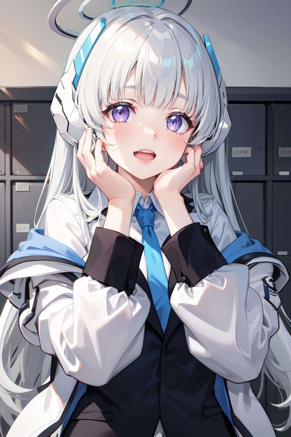 <lora:noa-08:1>noa(blue archive), jacket, purple eyes, long hair, necktie, hands on own face, 1girl, open mouth, halo, looking at viewer, grey hair, mechanical halo, headphones, white hair, solo, smile, hands on own cheeks, yandere, blue necktie, shirt, blush