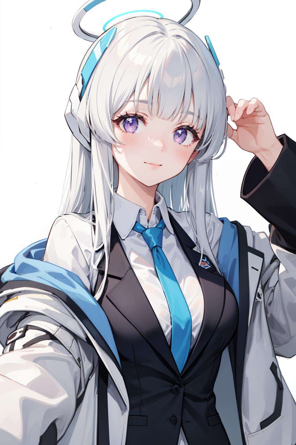 <lora:noa-08:1>noa(blue archive), simple background, long sleeves, jacket, closed mouth, purple eyes, long hair, collared shirt, necktie, off shoulder, open clothes, 1girl, halo, looking at viewer, white hair, white background, formal, headgear, upper body, solo, smile, suit, white shirt, hand up, open jacket, white jacket, blue necktie, shirt, blush