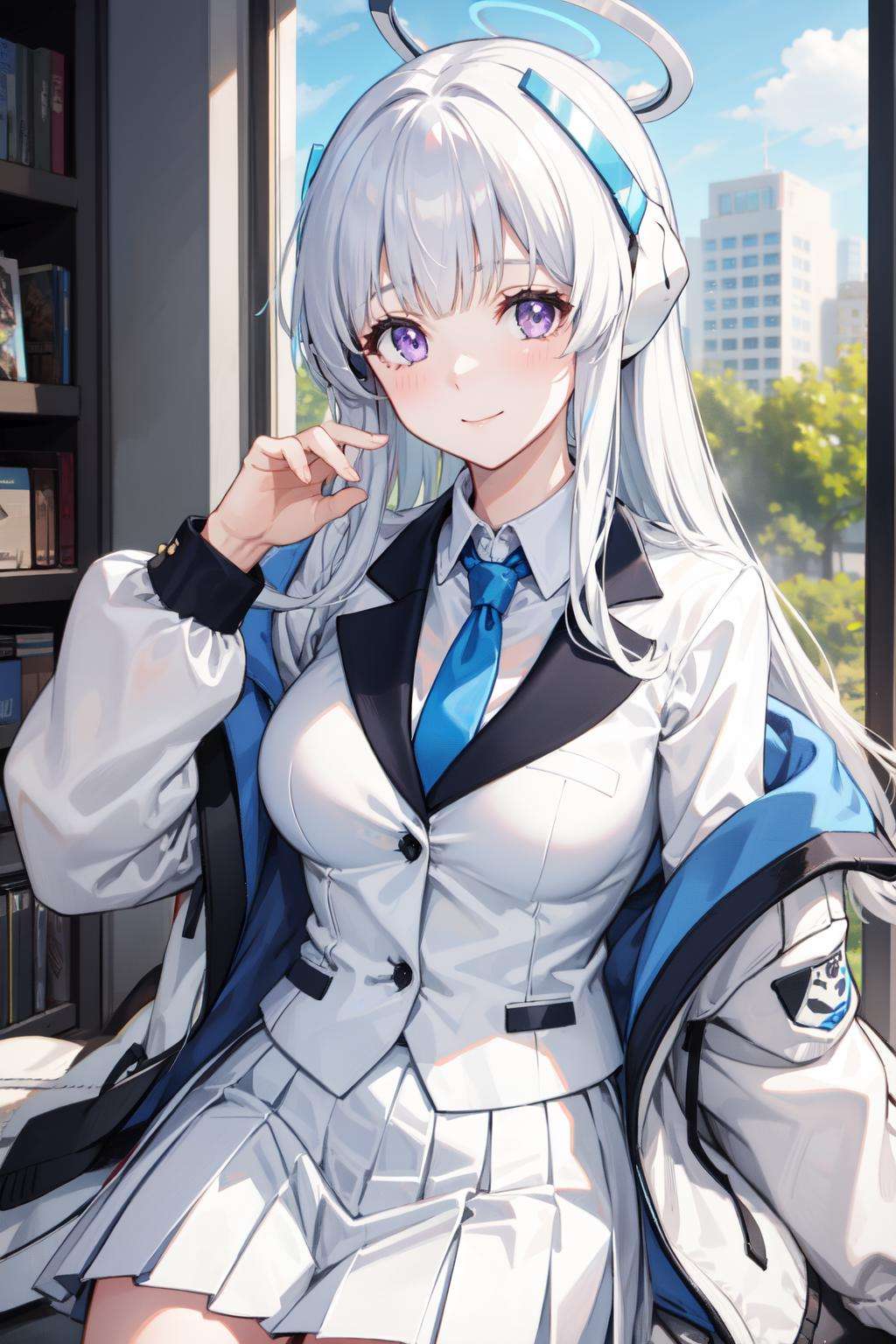 <lora:noa-08:0.8>noa(blue archive), long sleeves, jacket, closed mouth, purple eyes, long hair, collared shirt, necktie, pleated skirt, off shoulder, window, open clothes, 1girl, halo, id card, looking at viewer, mechanical halo, formal, headphones, white hair, solo, smile, white skirt, suit, very long hair, white shirt, open jacket, white jacket, blue necktie, white suit, skirt, shirt