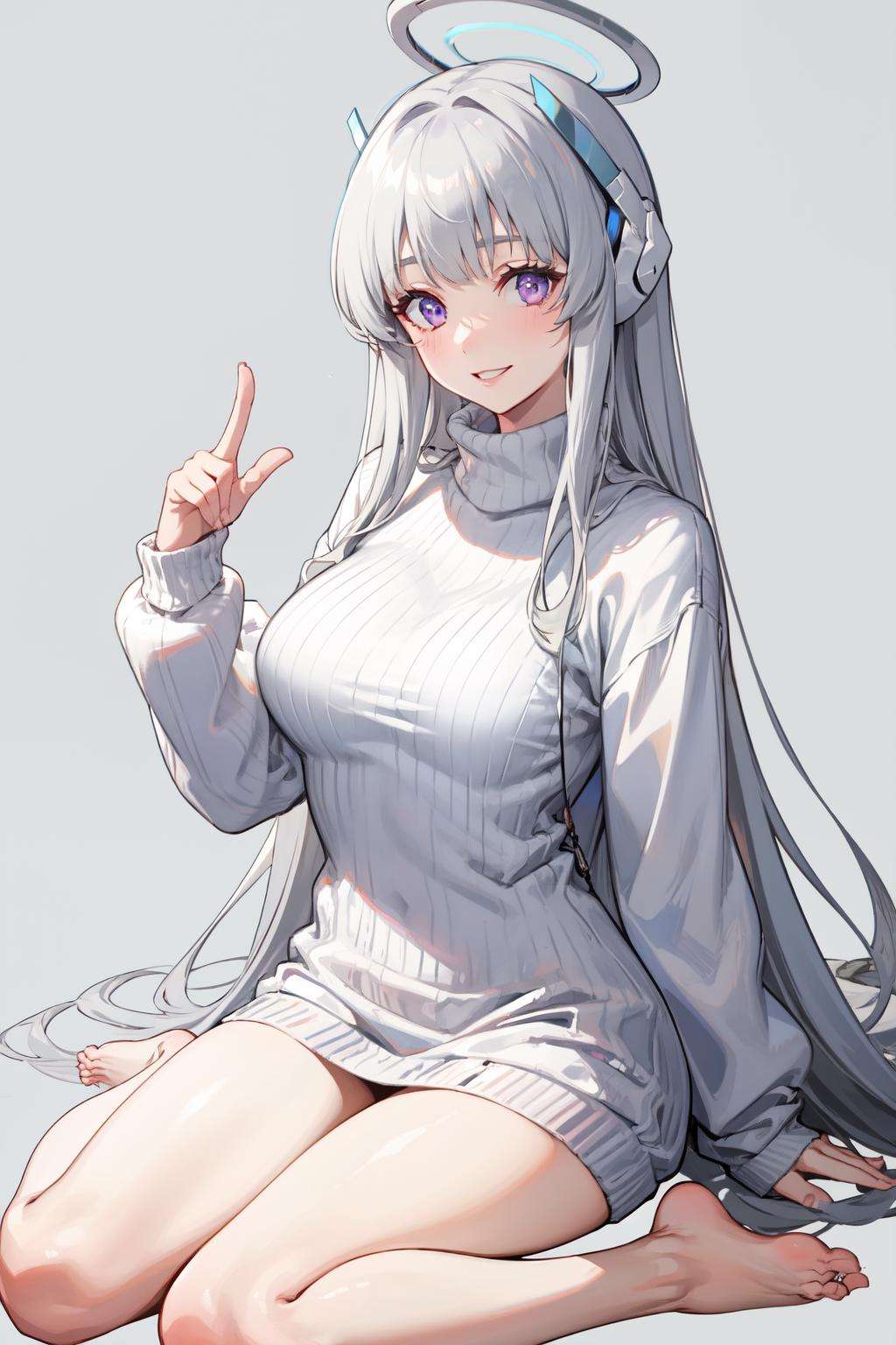 <lora:noa-08:0.8>noa(blue archive), simple background, long sleeves, ribbed sweater, purple eyes, long hair, sitting, 1girl, index finger raised, white sweater, halo, looking at viewer, grey hair, thighs, white background, sweater, mechanical halo, headphones, solo, large breasts, turtleneck sweater, smile, bare legs, very long hair, barefoot, wariza, turtleneck