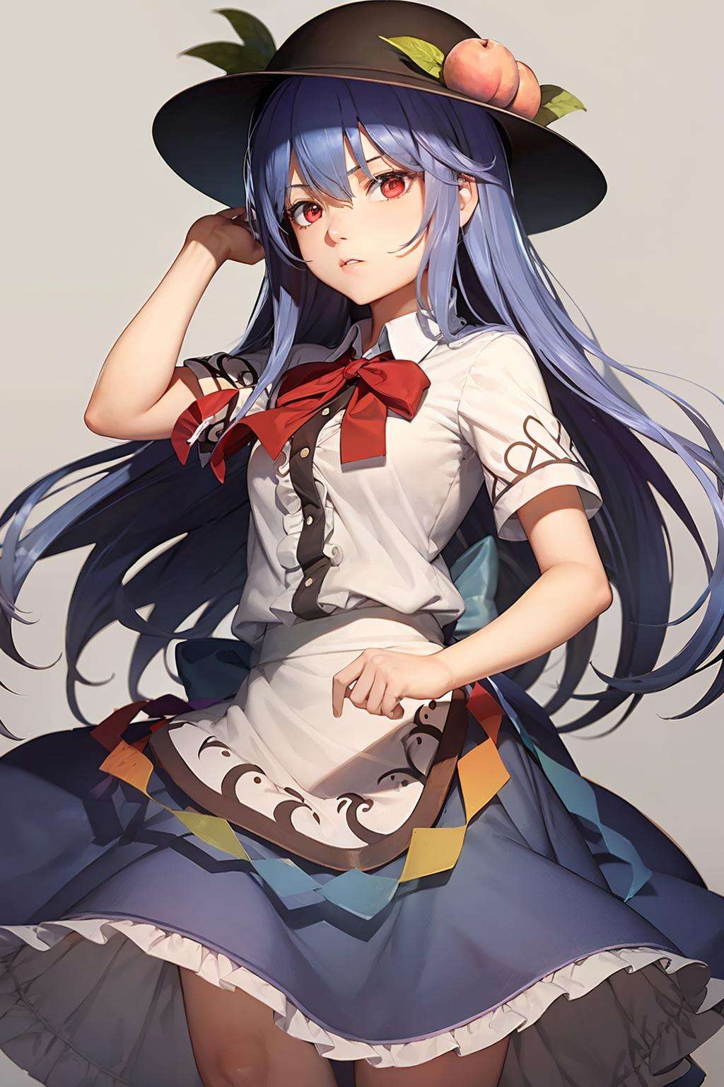 masterpiece, best quality,  <lora:tenshihinanawi:1>,1girl,hinanawi tenshi, hat,peach,blue hair,long hair,red eyes,bow,short sleeves,shirt,skirt,grey background, 