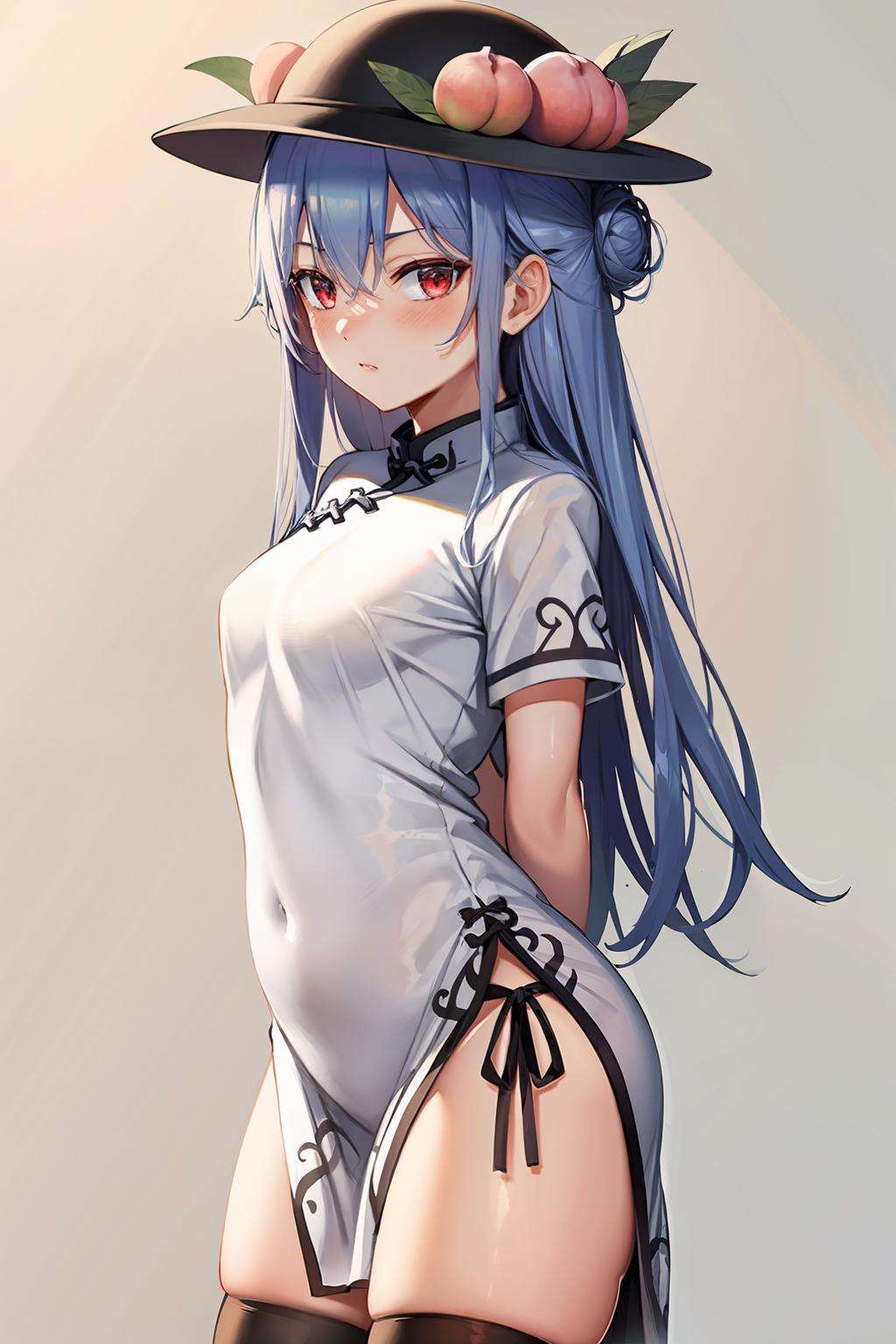 masterpiece, best quality,  <lora:tenshihinanawi:1>,1girl, solo, thighhighs, red eyes, blue hair, chinese clothes, dress, china dress, hat, hair bun, white thighhighs, peach, alternate hairstyle, long hair, white dress, black headwear, looking at viewer, short sleeves, simple background,  bangs, blush, arms behind back, cowboy shot, breasts, sidelocks, double bun, hair between eyes, closed mouth