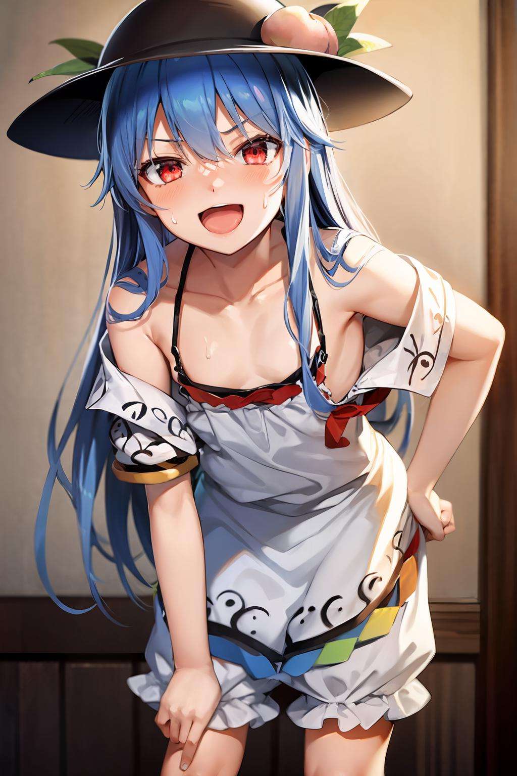 masterpiece, best quality,  <lora:tenshihinanawi:1>,1girl, hinanawi tenshi, solo, long hair, blue hair, hat, underwear, red eyes, peach, collarbone, black headwear, bloomers, looking at viewer, fruit, open mouth, hair between eyes, food, cowboy shot, smile, strap slip, blush, camisole, white shirt, shirt, leaning forward, undressing, white bloomers, bangs, sweatdrop, bare shoulders, very long hair, frills, leaf, flat chest, off shoulder, standing, sidelocks, 