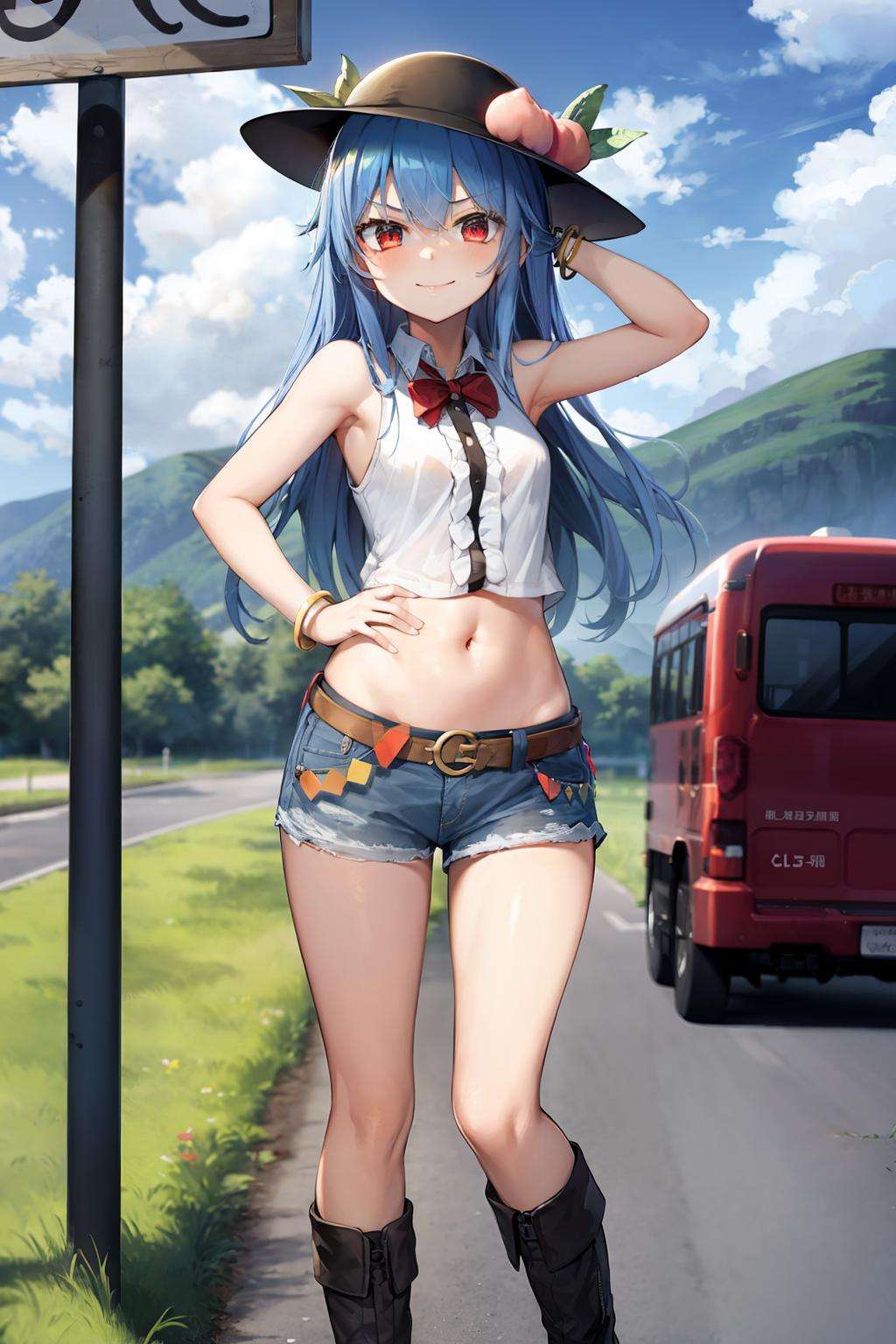 masterpiece, best quality,  <lora:tenshihinanawi:1>,1girl, long hair, sign, hinanawi tenshi, solo, blue hair, hat, outdoors, shorts, road sign, red eyes, cloud, navel, grass, midriff, very long hair, bracelet, sky, short shorts, jewelry, boots, mountain, denim, alternate costume, day, denim shorts, sleeveless, crop top, standing, bare arms, looking at viewer, bare shoulders, fruit, shirt, peach, blurry, food, blue sky, bus stop, sleeveless shirt, white shirt, hair between eyes, cloudy sky, scenery, groin, building, road, contemporary, smile, depth of field, multicolored hair, gradient hair, bangle, black headwear, cutoffs, ground vehicle, stomach, closed mouth, mountainous horizon, house, belt, motor vehicle, small breasts