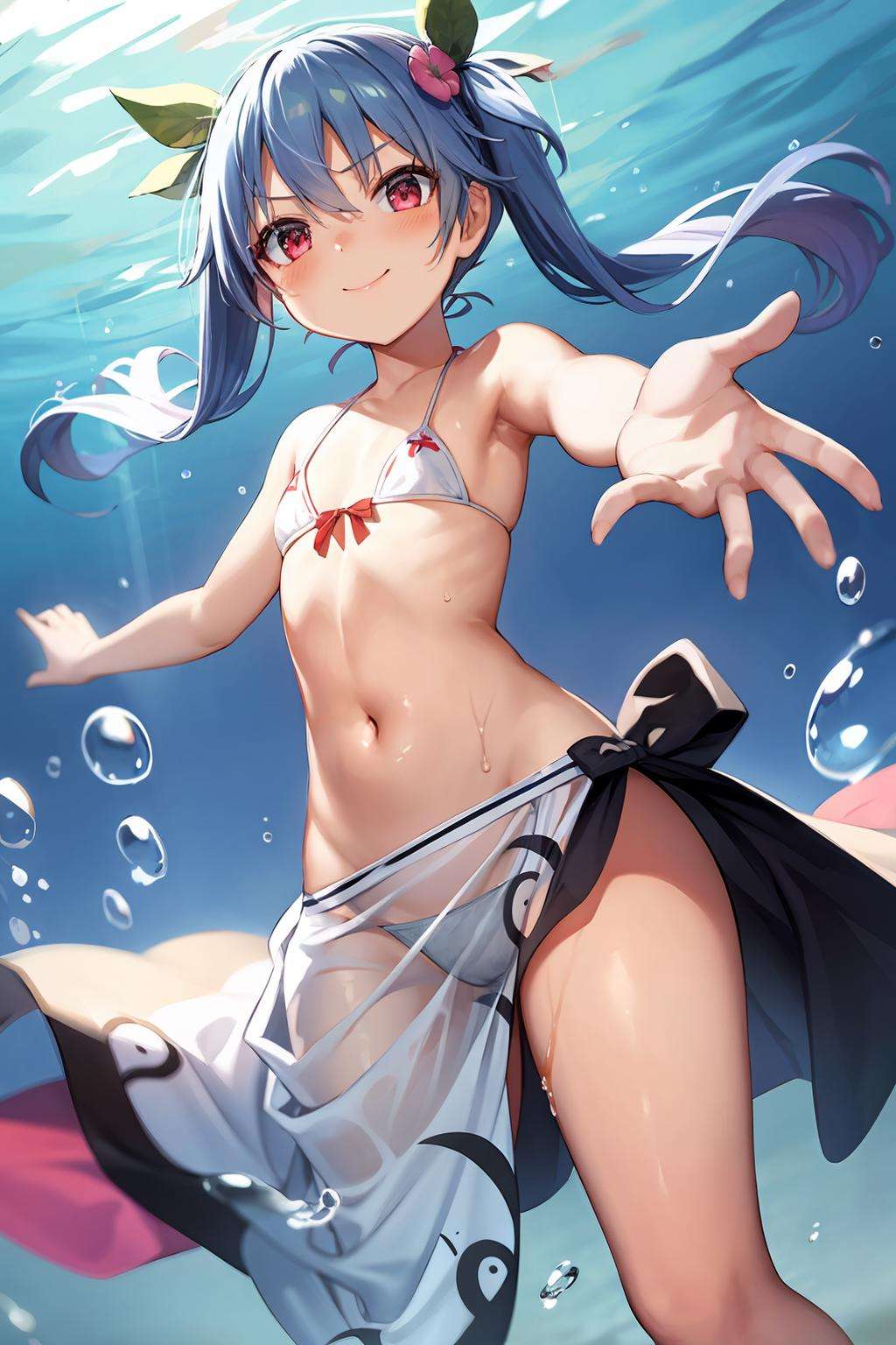 masterpiece, best quality,  <lora:tenshihinanawi:1>,1girl, underwater, swimsuit, solo, blue hair, bikini, long hair, air bubble, bubble, red eyes, smile, navel, hinanawi tenshi, white bikini, holding breath, freediving, sarong, looking at viewer, hair ornament, collarbone, sunlight, light rays, ribbon, blush, closed mouth, bare shoulders, twintails, flat chest, hair ribbon, bare arms, water, swimming, sunbeam, outstretched arms, hair between eyes, bangs, from below, :t, thighs, pink ribbon, stomach, front-tie top, submerged, small breasts