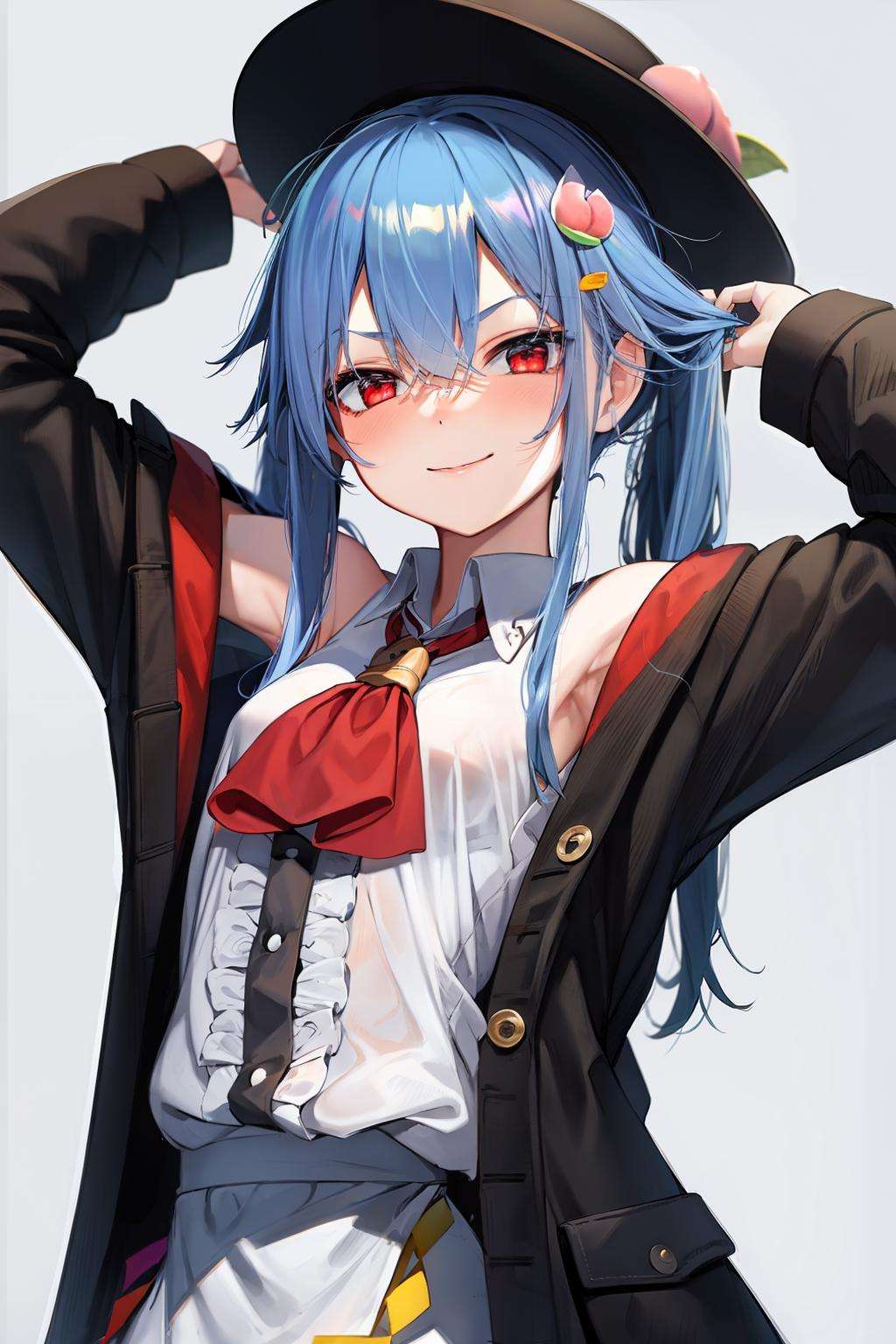 masterpiece, best quality,  <lora:tenshihinanawi:1>,1girl, solo, hinanawi tenshi, red eyes, headwear removed, long hair, hat, smile, blue hair, food, hat removed, fruit, black headwear, peach, shirt, holding clothes, looking at viewer, holding, hair ornament, holding hat, center frills, twintails, arms up, hairclip, bangs, closed mouth, frills, white shirt, sleeveless, alternate hairstyle, white background, ascot, long sleeves,jacket, ribbon, blush, upper body, head tilt, leaf, open clothes, sleeveless shirt, black jacket, buttons, hair between eyes, collared shirt, black ribbon, wing collar, red ascot, coat, off shoulder, hair ribbon, armpits, sidelocks, puffy sleeves, bow, open jacket, black coat, adapted costume, skirt, border