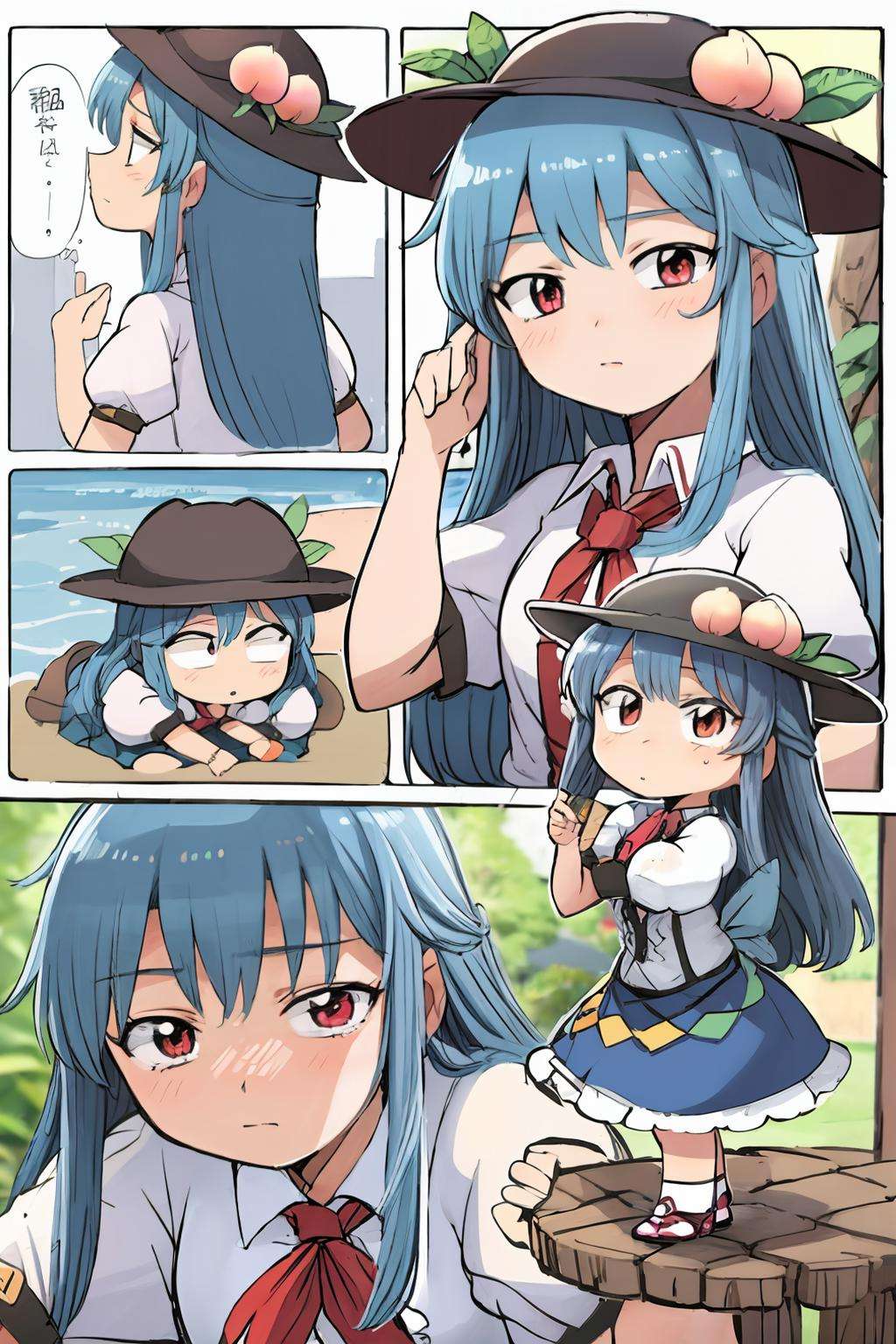 masterpiece, best quality,  <lora:tenshihinanawi:1>, <lora:style05:1>,multiple girls, multiple views, comic,border,koma,(chibi:1.4),hinanawi tenshi, hat,peach,blue hair,long hair,red eyes,bow,shirt,skirt,short sleeves, 