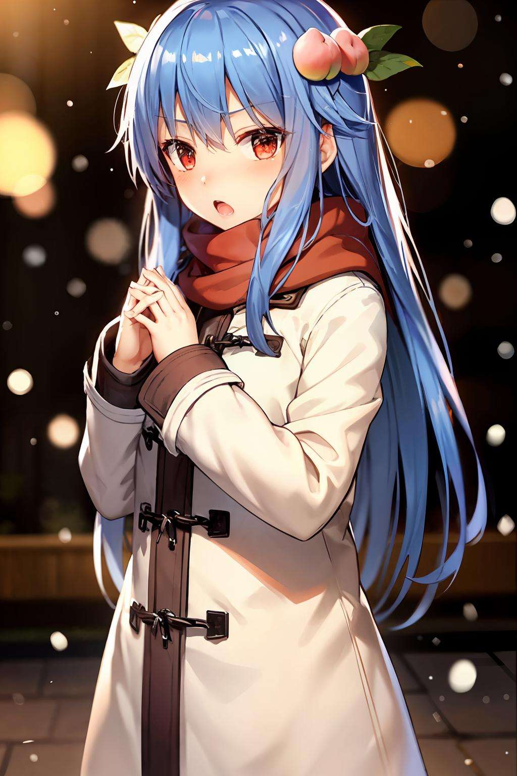 masterpiece, best quality,  <lora:tenshihinanawi:1>,1girl, hinanawi tenshi, long hair, solo, blue hair, red scarf, scarf, red eyes, hair ornament, looking at viewer, upper body, peach, coat, open mouth, long sleeves, fruit, alternate costume, food-themed hair ornament, hair between eyes, food, blush, breath, very long hair, own hands together, :o, white coat, blurry, bangs, no headwear, bokeh, winter clothes, hands up, duffel coat, leaf, blurry background, sleeves past wrists, winter coat, brown coat, enpera, contemporary, depth of field, border, steepled fingers, snowing, outside border