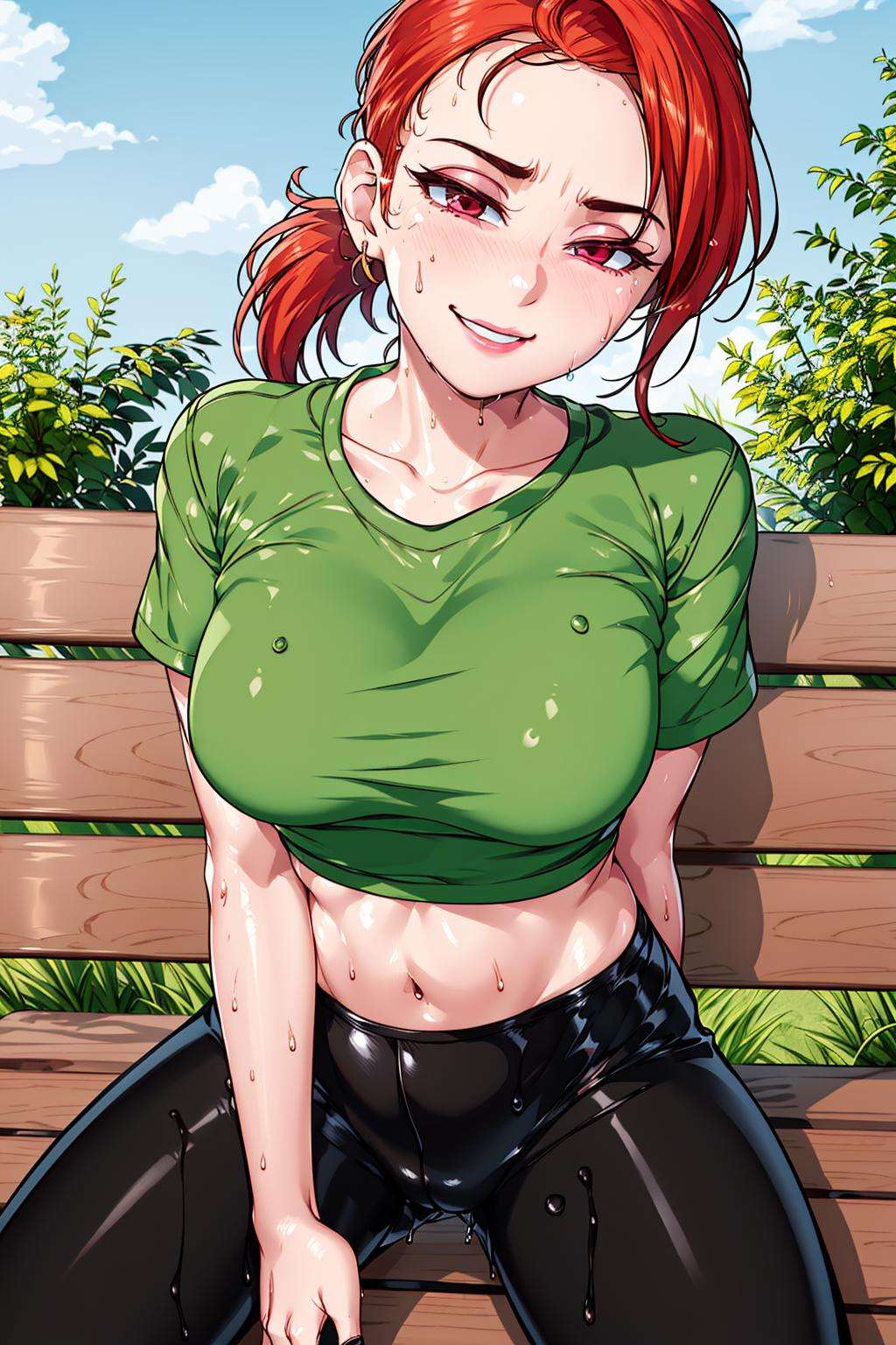 <lora:Vicky_v1b:1.0> vicky, 1girl, solo, green shirt, sitting, slender, pale skin, low ponytail, masterpiece, sky, smirk, park bench, leggings, sweat, sweaty clothes, sweatdrop, <lora:wetshirtLora_v11:0.50> wet shirt