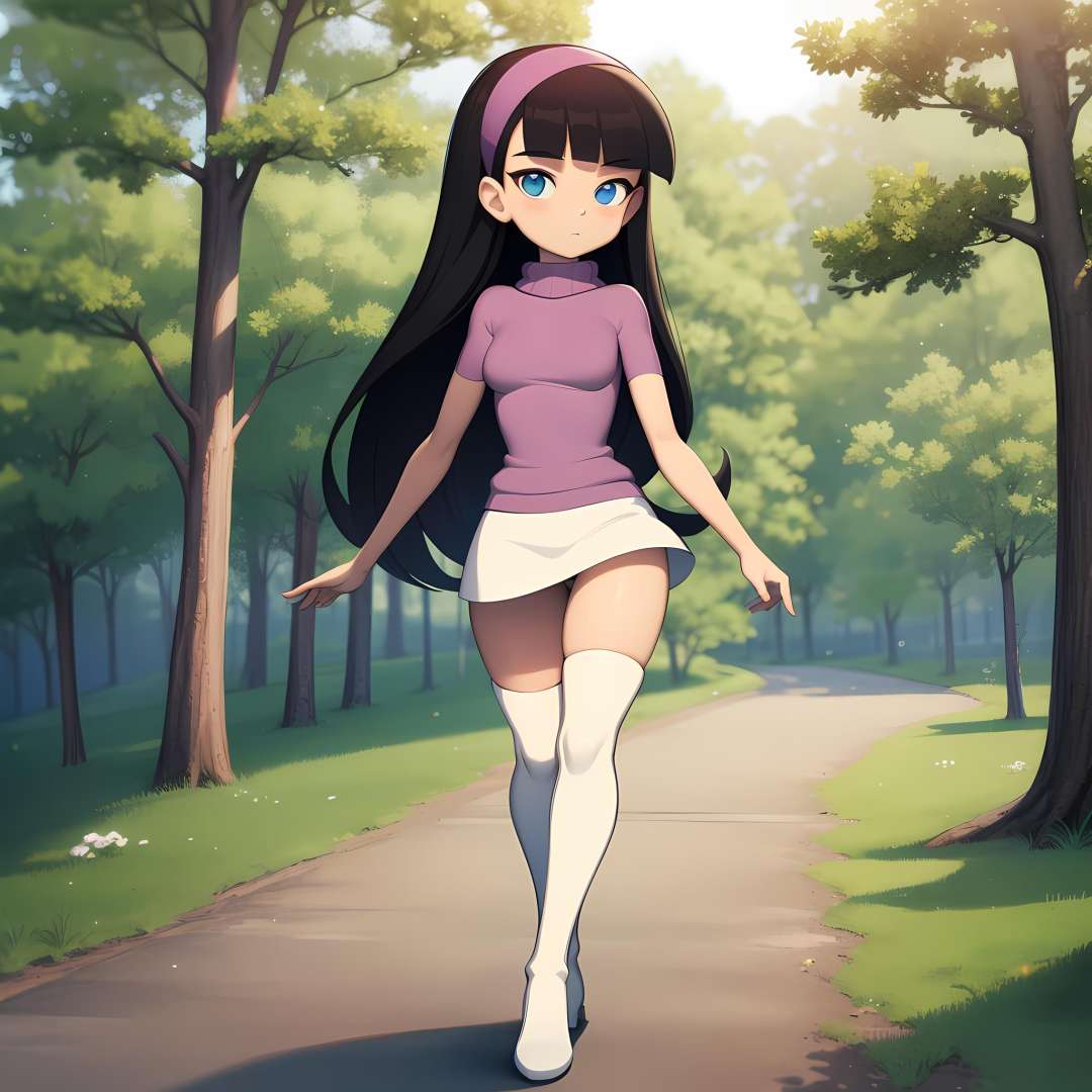 ((masterpiece, best quality)), 1girl, solo, full body, trixie tang, headband, black hair, white miniskirt, pink turtleneck, white thigh boots,  <lora:TrixieTang1-v2:0.6>, walking, forest, 