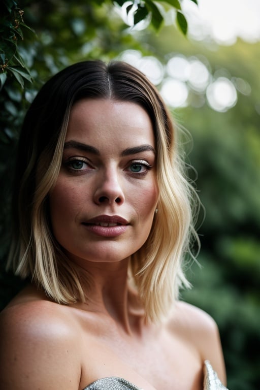 stunning closeup portrait photo of a margot robbie, wearing a silver dress, beautiful face, outdoors garden, epic character composition, by ilya kuvshinov, alessio albi, nina masic, sharp focus, natural lighting, subsurface scattering, f2, 35mm, film grain, cinematic shot, lighting, ((robbie)),