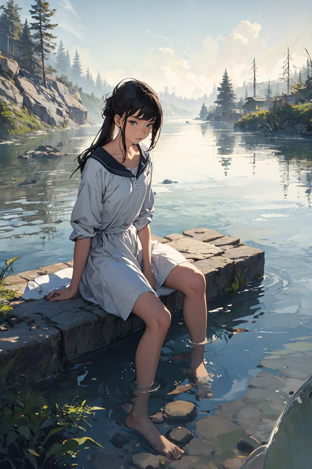 masterpiece, best quality, 1 girl, sittin on ledge, river, feet submerged