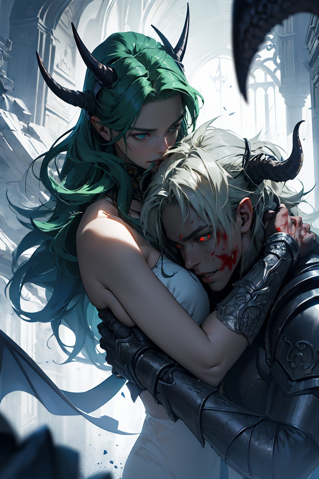 Masterpiece, best quality, hyperrealistic, (a woman and a male demon hug romantically looking at another),  she is completely naked she has long green hair, He wears an ornate dark armor and an oni mask, underworld, upper body, (bloodstains:1), horror, ethereal, area lighting, extremely detailed, 