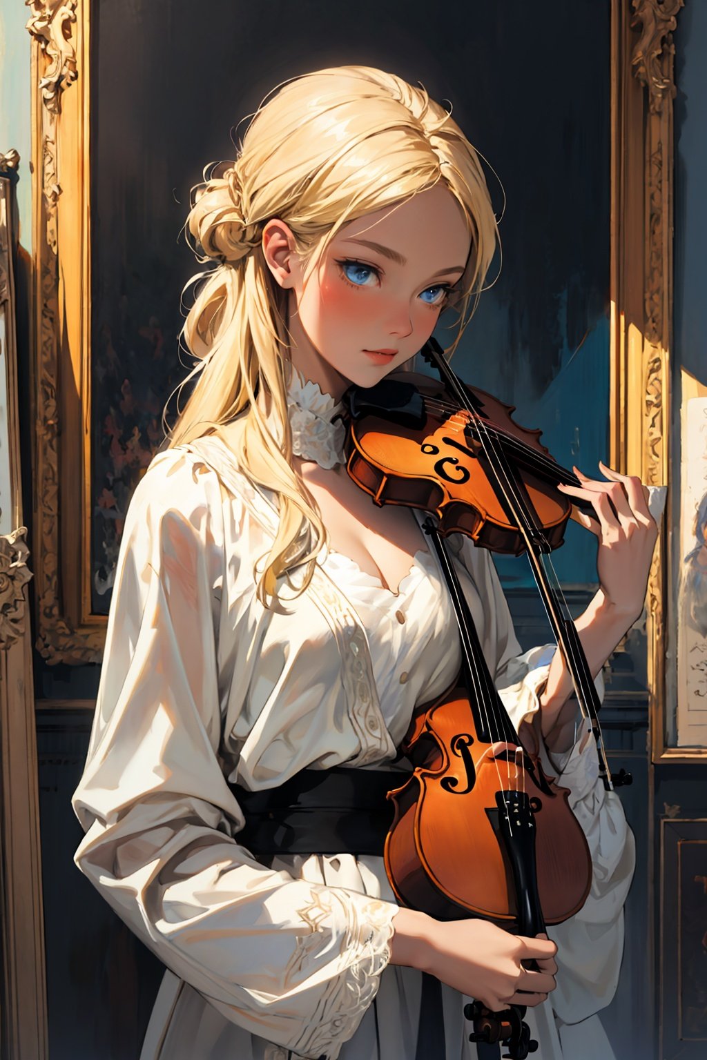 oil painting, portrait, masterpiece, best quality, 1 girl, blonde, blue eyes, playing the violin, intricate detailes, blush, 