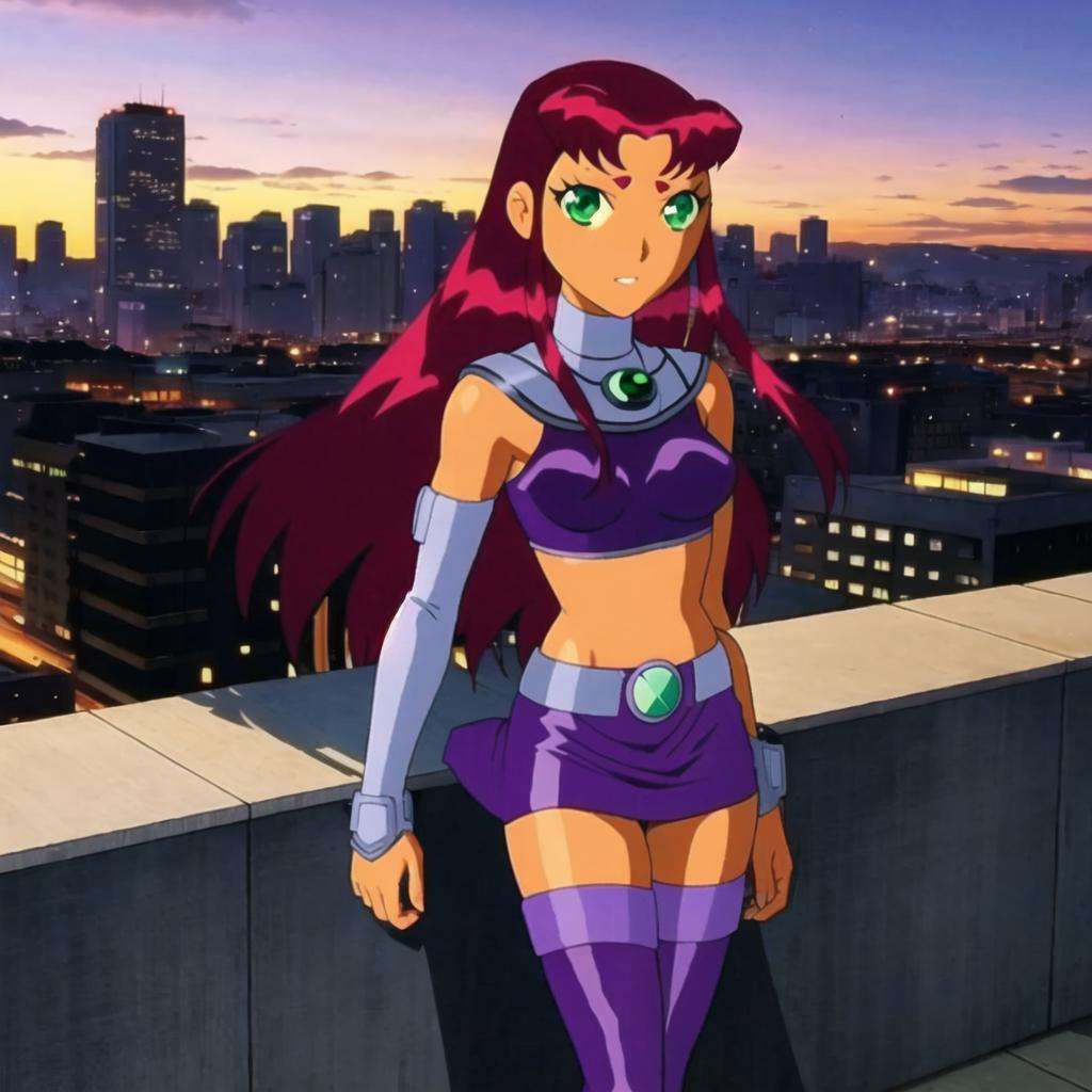 Starfire, anime, masterpiece, best quality, tan skin, shy face, city background, thigh boots, open clothes, miniskirt