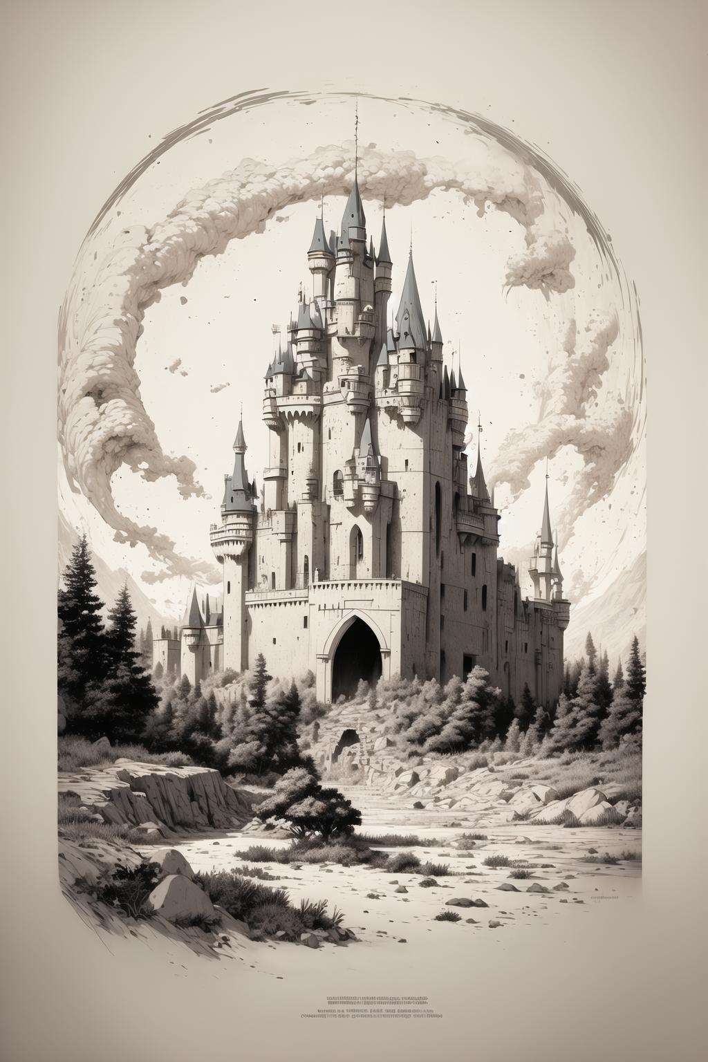 masterpiece, best quality, sketch, lineart, castle