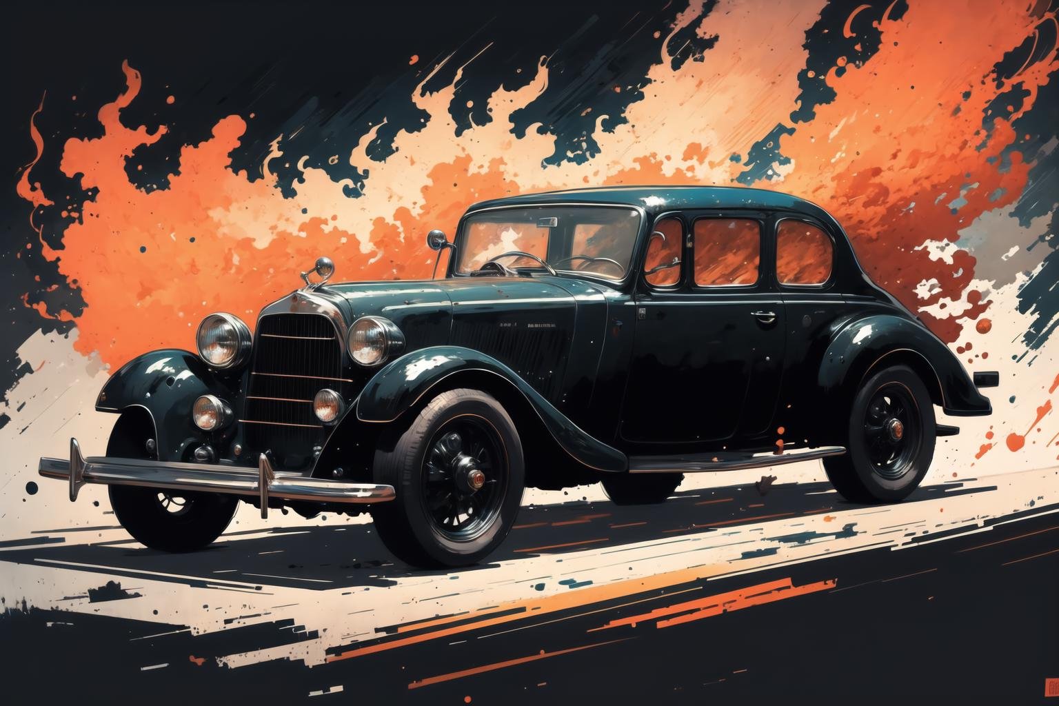 masterpiece, best quality, retro car, powerful, fire, splash art, (black background:1.4), lineart, sketch