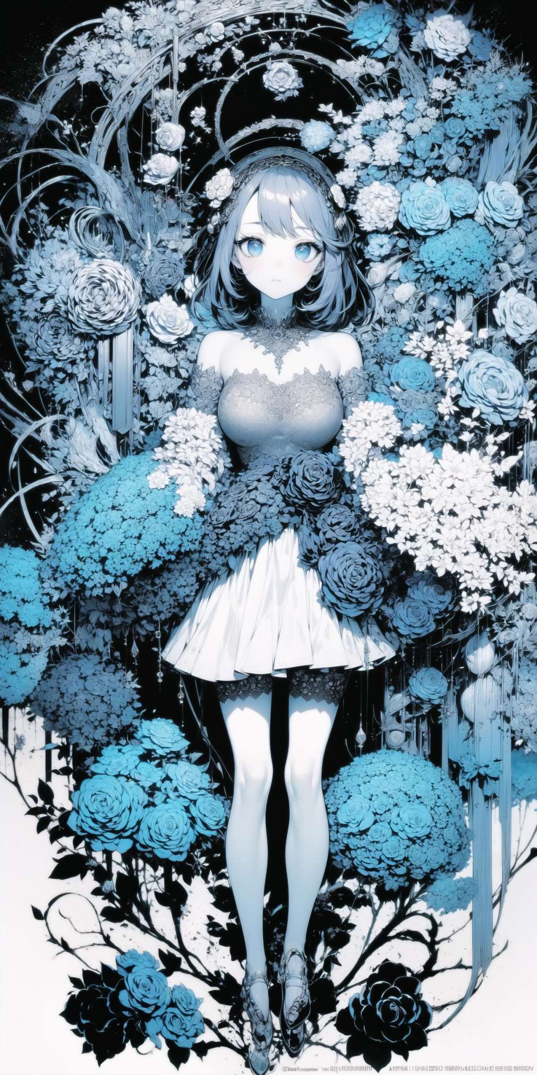 masterpiece, best quality, 1girl, flowers, lineart, abstract, ornate, blue theme