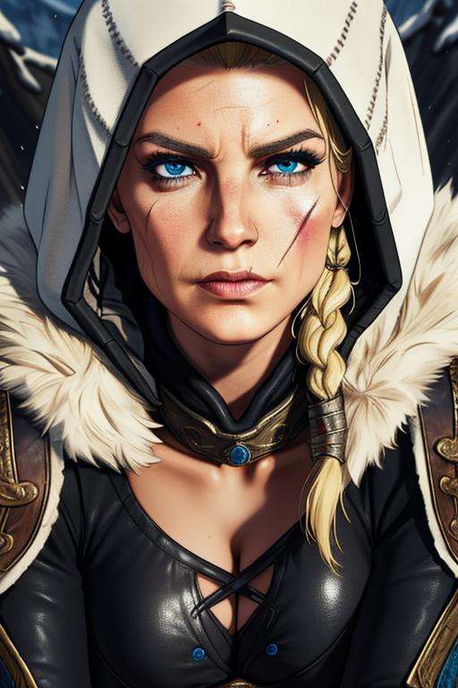 Eivor, scar on face,blonde hair, upper body,  close up, serious, EivGear,armor , leather armor, abs, fur trim,jewelry,boots, pants, hood up,  cleavage, Nordic, wooden house, cold weather,  sitting in a tent,  (insanely detailed, beautiful detailed face, masterpiece, beautiful detailed eyes, best quality)   <lora:Eivor-10:0.8>