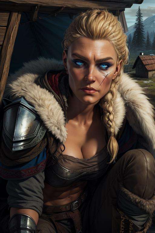 Eivor, scar on face,blonde hair,blue eyes, short hair,  sitting,  upper body,  close up, serious, Nordic, wooden house, cold weather,  sitting in a tent,  (insanely detailed, beautiful detailed face, masterpiece, beautiful detailed eyes, best quality)   <lora:Eivor-10:0.8>