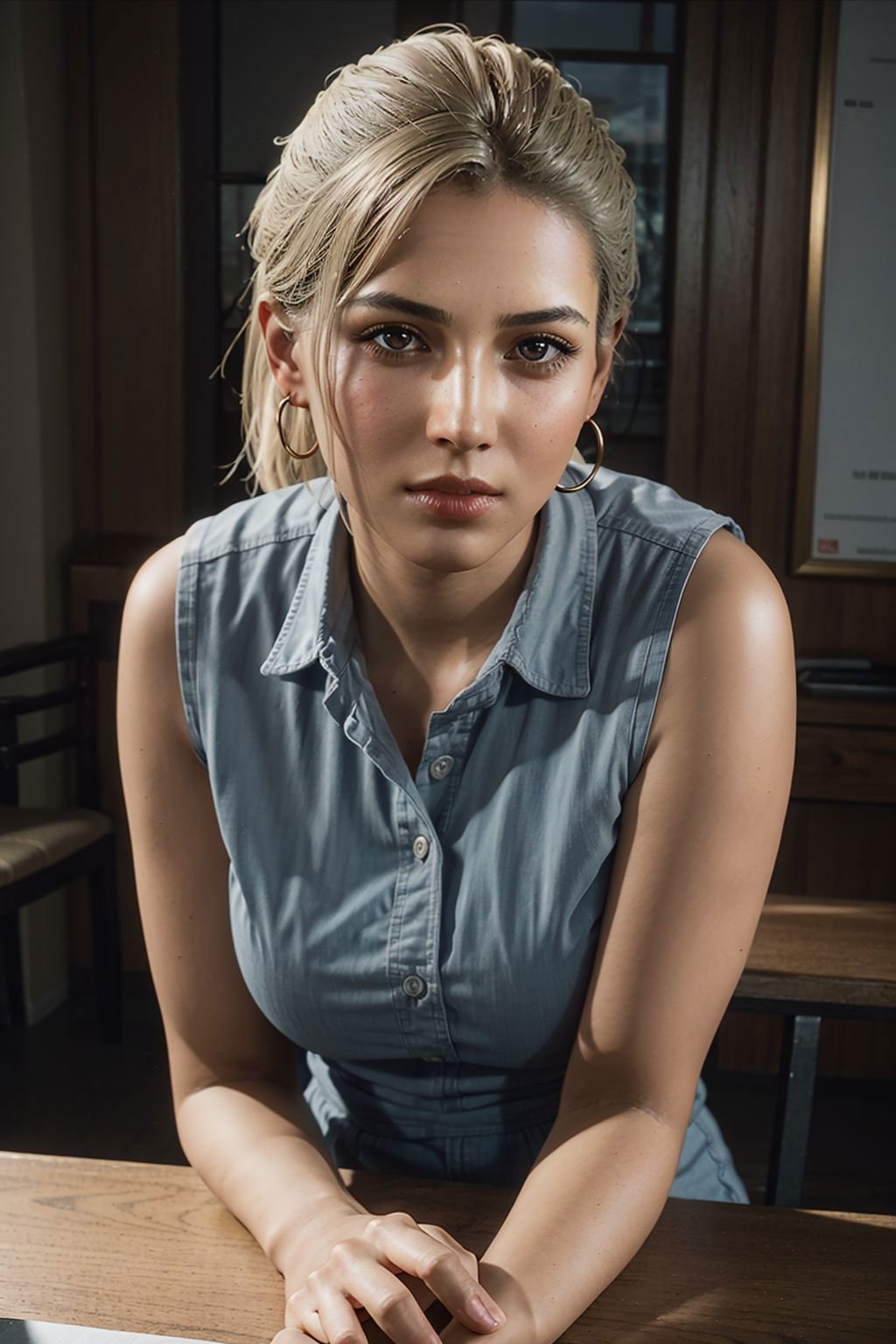 a photo of elnafshr woman with an intimate stare, wearing a collared shirt, (metal hoop earrings), sitting on a chair with (both hands on over the table) inside an indian restaurant, (photoreal detailed skin :1.4),  (perfect eyes), (((perfect hands))),  (medium breasts), (curvy hips:1.25), (best quality:1.4), (flawless picture:1.3), (perfect lighting), (pulled back angle:1.3), 8k, dslr, bokeh,  (F4, 1/800s, ISO 100, RAW)   <lora:epiNoiseoffset_v3:2>  <lora:InstantPhotoX3:0.35> <lora:Elena_Fisher:0.7>