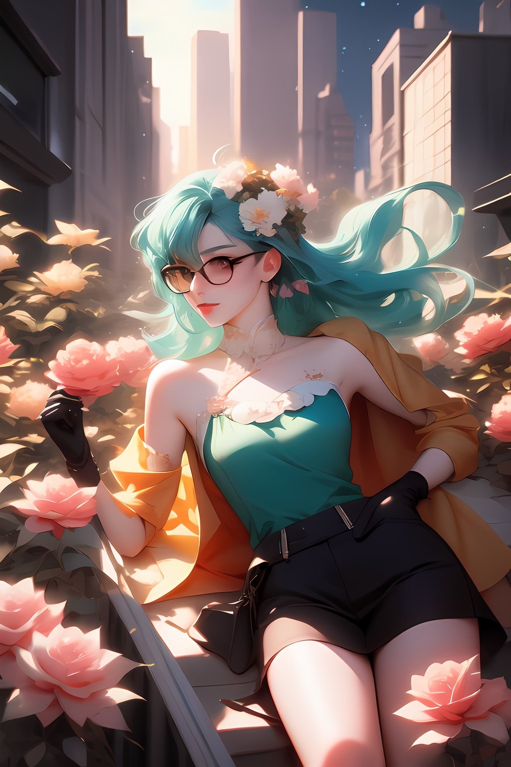 drawing of a woman with blue green color hair, parted shoulder length hair ,wearing glasses with flowers in her hair,korean art nouveau anime, beautiful anime artwork, artgerm and james jean, anime art nouveau, beautiful anime art, the flower prince, a beautiful artwork illustration, detailed anime character art, digital art on pixiv, anime fantasy illustration, detailed digital anime art, beautiful fantasy anime, clean detailed anime art, 2 d anime style, decora inspired illustrations, inspired by Yumihiko Amano, anime girl with teal hair, anime style portrait, beautiful anime art style, portrait of jinx from arcane, manga art style, anime style illustration, anime art style, extremely fine ink lineart, black and white manga style, black and white line art, ink manga drawing, intense line art, pencil and ink manga drawing, intense black line art, in style of manga, exquisite line art, perfect lineart,exquisite line art, exquisite digital illustration, detailed digital drawing, black and white coloring, digital anime illustration, a beautiful artwork illustration, detailed matte fantasy portrait, beautiful,(Daylight,autumn, Best quality, 8k, Masterpiece :1.3)), Whole body, Long legs, Sharp focus :1.2, A pretty woman with perfect figure wearing smart haute couture dress :1.4, Slender abs :1.1, ((Dark brown hair, small breasts :1.2)), (White tight tshirt, Jean bib, Standing:1.2), ((Night city view, Rooftop:1.3)), Highly detailed face and skin texture, Detailed eyes, Double eyelid,( watercolor \(medium\), IrisCompiet:1.2),abstract background, fantasy, many colors, wind blowing,masterpiece, best quality, (extremely detailed CG unity 8k wallpaper), (best quality), (best illustration), (best shadow), absurdres, realistic lighting, (Abyss), beautiful detailed glow,clear face, clean white background, masterpiece, super detail, epic composition, ultra HD, high quality, extremely detailed, official art, uniform 8k wallpaper, super detail, efficient sub-pixels, subpixel convolution, luminous particles, light scattering, tyndall effect, 32k -- v 6,watercolor,