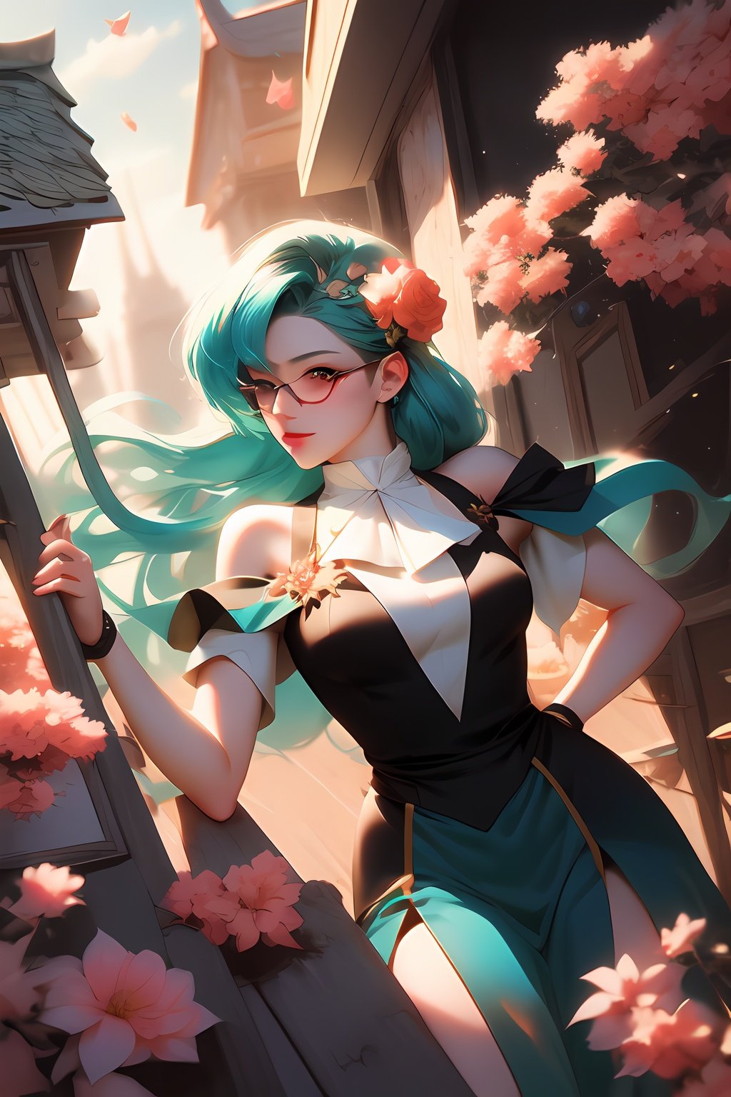 drawing of a woman with blue green color hair, parted shoulder length hair ,wearing glasses with flowers in her hair,korean art nouveau anime, beautiful anime artwork, artgerm and james jean, anime art nouveau, beautiful anime art, the flower prince, a beautiful artwork illustration, detailed anime character art, digital art on pixiv, anime fantasy illustration, detailed digital anime art, beautiful fantasy anime, clean detailed anime art, 2 d anime style, decora inspired illustrations, inspired by Yumihiko Amano, anime girl with teal hair, anime style portrait, beautiful anime art style, portrait of jinx from arcane, manga art style, anime style illustration, anime art style, extremely fine ink lineart, black and white manga style, black and white line art, ink manga drawing, intense line art, pencil and ink manga drawing, intense black line art, in style of manga, exquisite line art, perfect lineart,exquisite line art, exquisite digital illustration, detailed digital drawing, black and white coloring, digital anime illustration, a beautiful artwork illustration, detailed matte fantasy portrait, beautiful,(Daylight,autumn, Best quality, 8k, Masterpiece :1.3)), Whole body, Long legs, Sharp focus :1.2, A pretty woman with perfect figure wearing smart haute couture dress :1.4, Slender abs :1.1, ((Dark brown hair, small breasts :1.2)), (White tight tshirt, Jean bib, Standing:1.2), ((Night city view, Rooftop:1.3)), Highly detailed face and skin texture, Detailed eyes, Double eyelid,( watercolor \(medium\), IrisCompiet:1.2),abstract background, fantasy, many colors, wind blowing,masterpiece, best quality, (extremely detailed CG unity 8k wallpaper), (best quality), (best illustration), (best shadow), absurdres, realistic lighting, (Abyss), beautiful detailed glow,clear face, clean white background, masterpiece, super detail, epic composition, ultra HD, high quality, extremely detailed, official art, uniform 8k wallpaper, super detail, efficient sub-pixels, subpixel convolution, luminous particles, light scattering, tyndall effect, 32k -- v 6,watercolor,