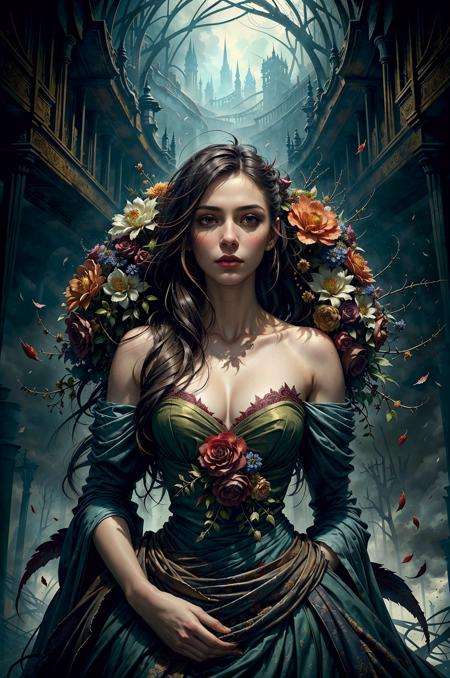 portrait of chaos, elegant, brutalist, vivid colours, romanticism, atmospheric, a girl, elegant, glass and flowers, cinematic, (dynamic pose), ((dramatic composition)), art by Anne Bachelier